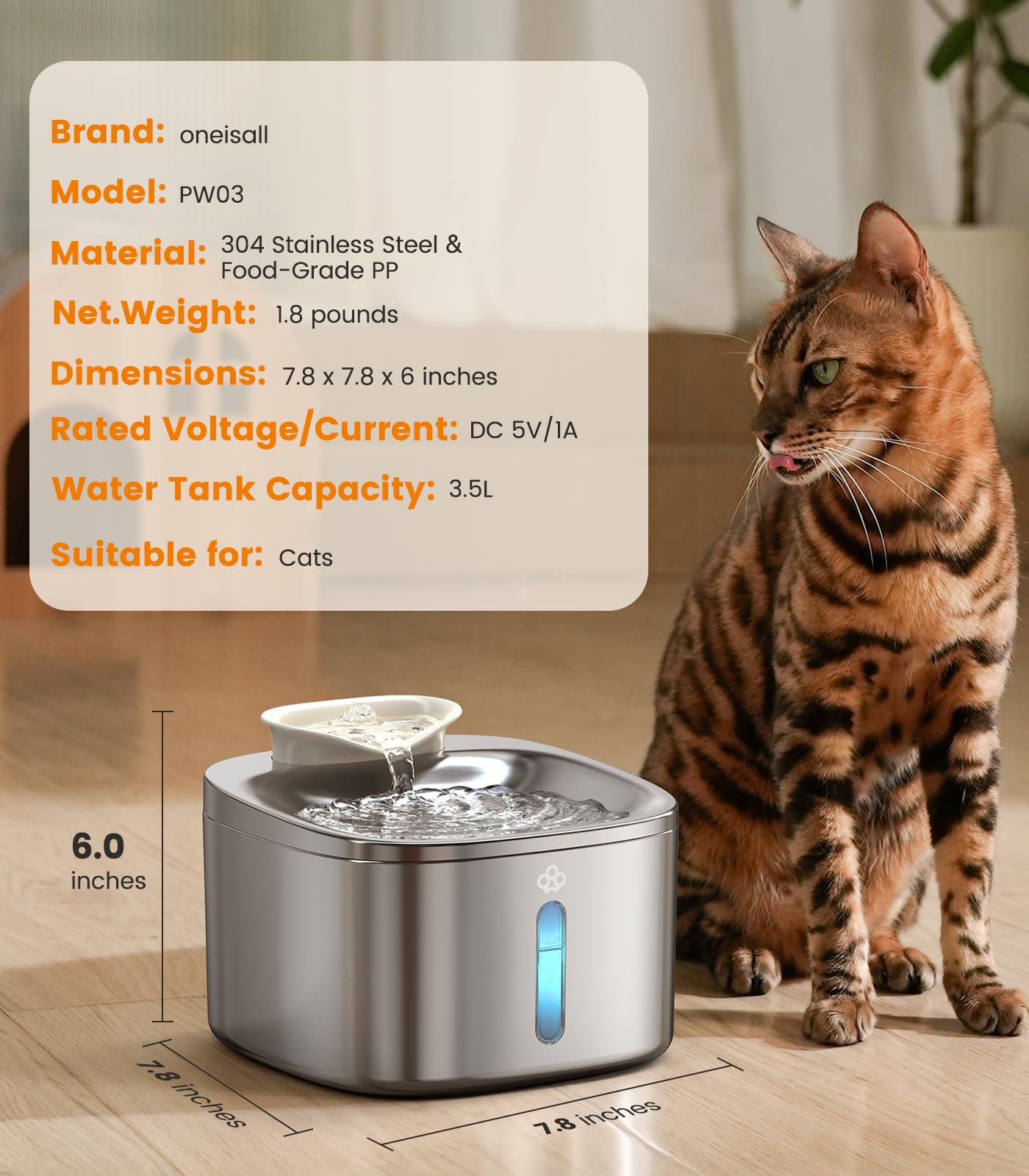 oneisall Fuente de Agua inalámbrica para Gatos para Beber, Fuente de Acero Inoxidable de 3.5 L con Sensor de Movimiento, Fuente de Agua inalámbrica silenciosa Que Funciona con Pilas, Cuenco para