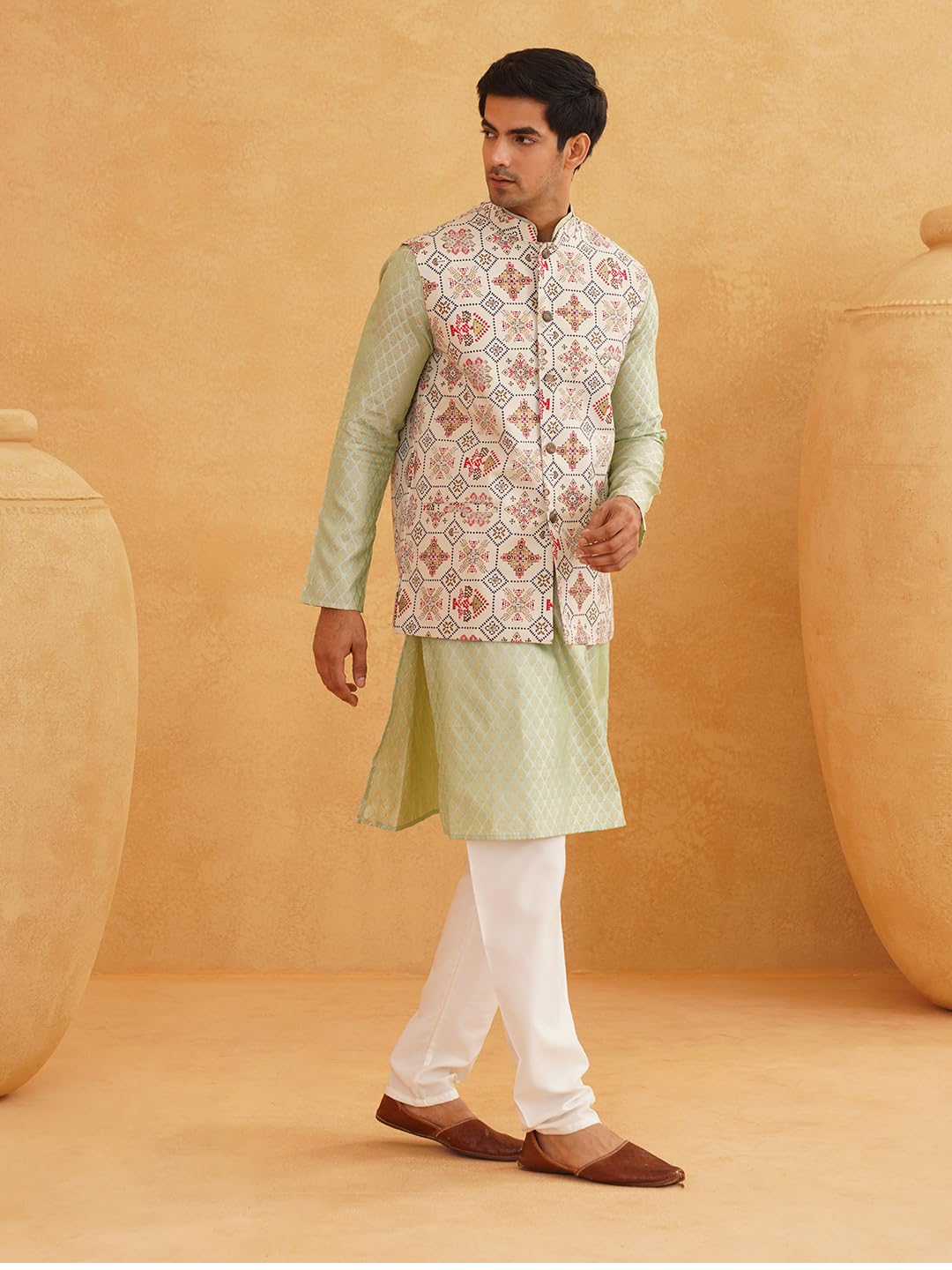 Sojanya (Since 1958 Men's Silk Blend Self Design Pista Green Kurta With Pyjama & Cream Nehru Jacket