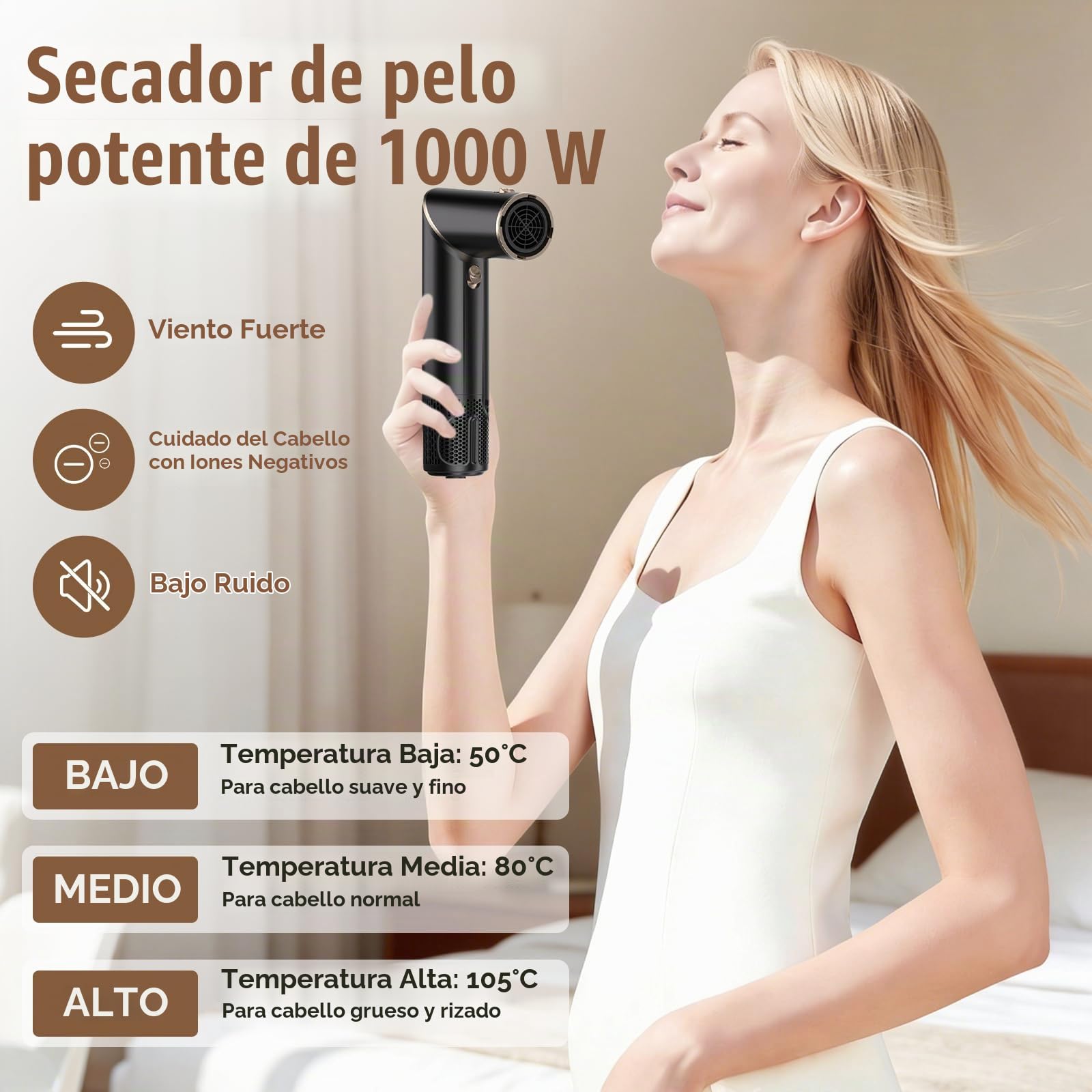 Cepillo de Aire 1000W, Cepillo Secador de Pelo, Secador de Pelo Iones Negativo, Cepillo Alisador, 2 Rizador, Voluminizador, Moldeador de Pelo con 3 Temperaturas, para Seca Alisa Volumen
