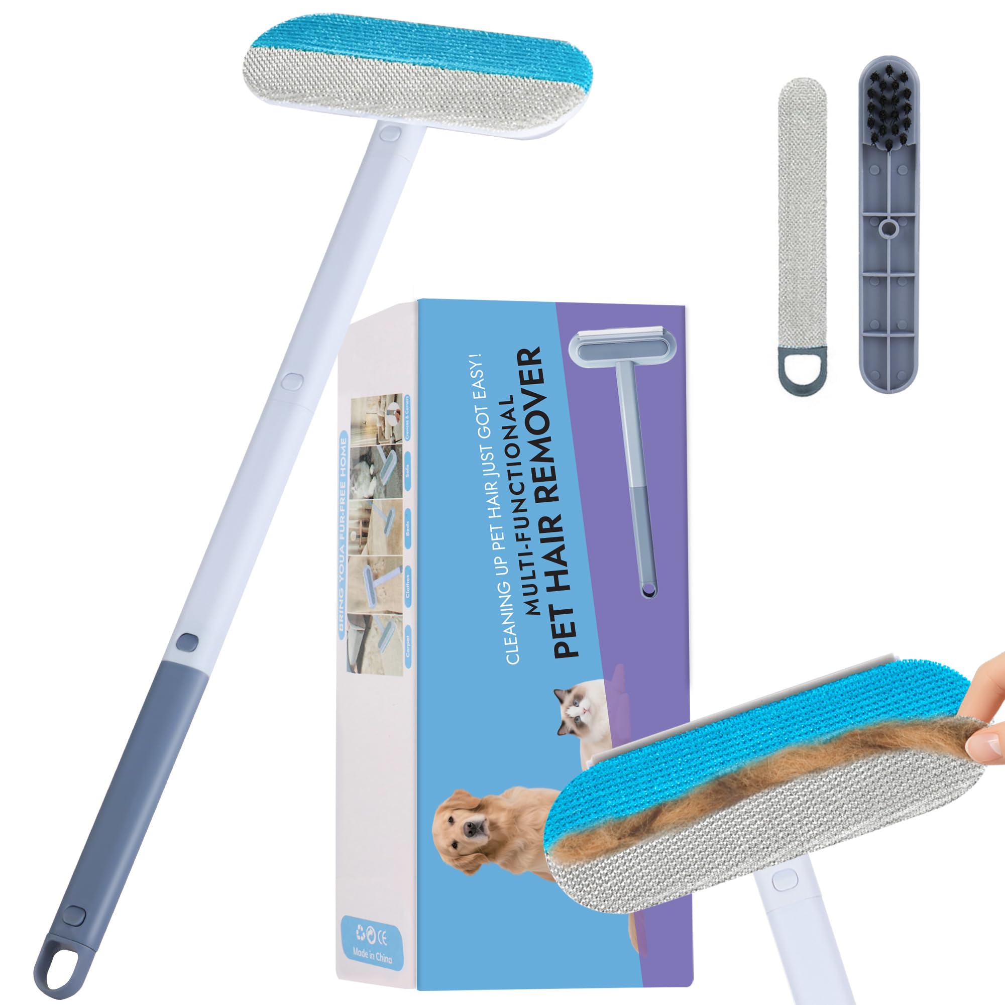 Pet Hair Remover for Furniture – 23.2Inch Reusable Dog & Cat Hair Removal Brush, Washable Lint Cleaner with Long Handle, 4-in-1 Pet Hair Remover for Couch, Carpet, Clothes & Bedding