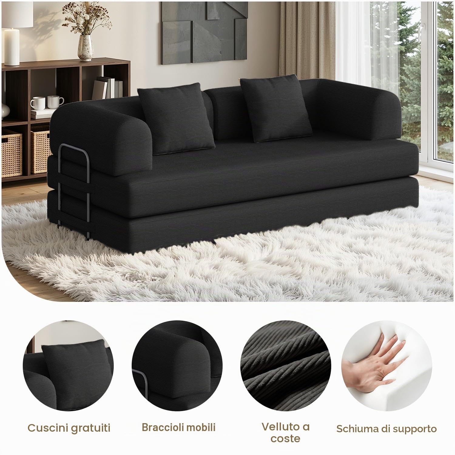 Xbro Divano Letto Matrimoniale 2 Posti Convertibile, Divano Modulare Salvaspazio con Struttura in Metallo e Schiuma ad Alta Resilienza, per Soggiorno Monolocale e Ospiti, 200 x 190 cm