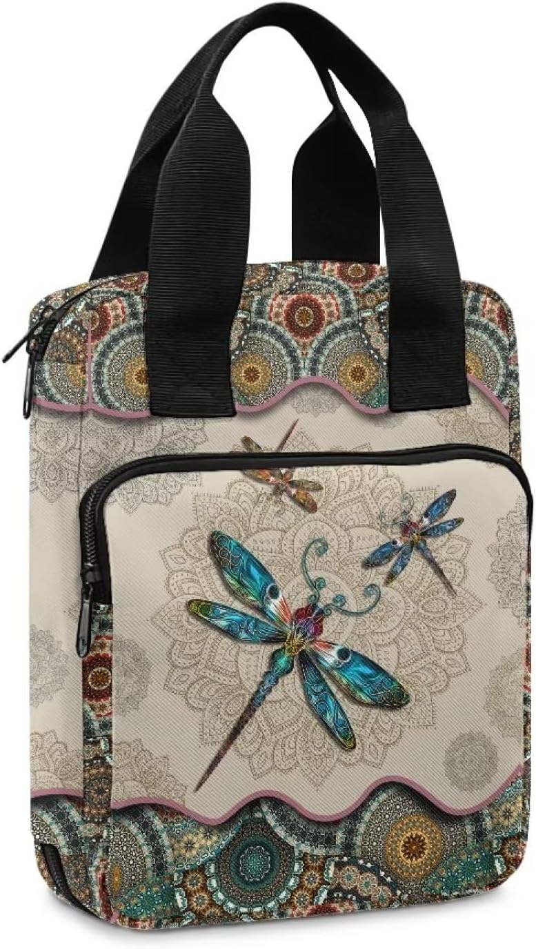 Xoenoiee Boho Flower Dragonfly Pattern Tote Bible Bag Bible Covers for Women Men Bible Case Bible Bag with Zipper Pockets Book Cover Carrying Case