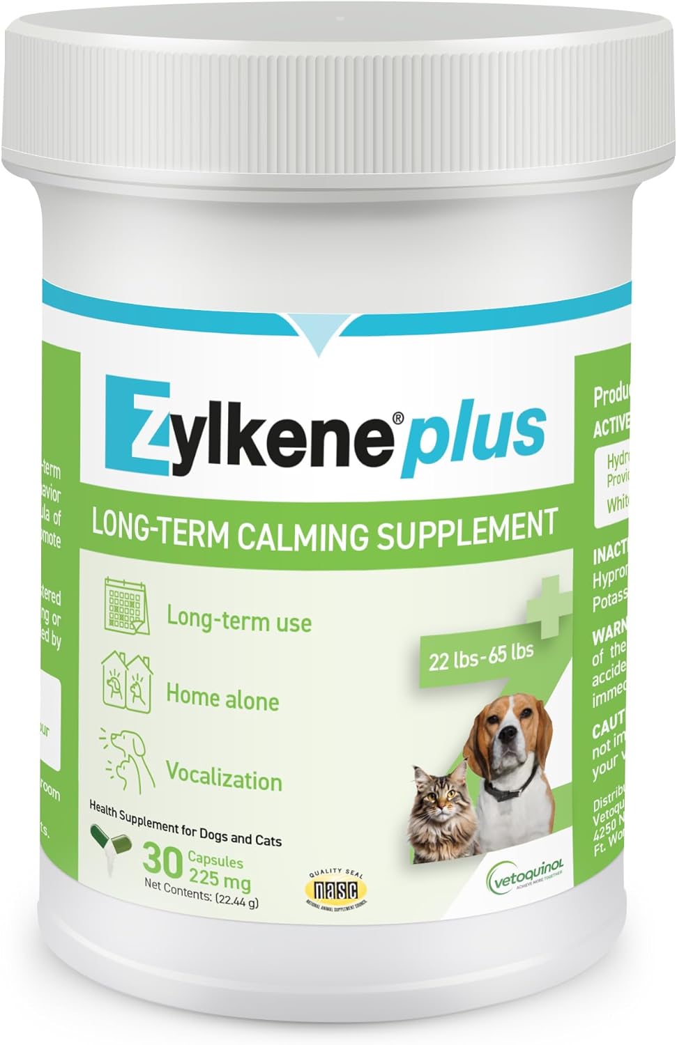 Vetoquinol Zylkene Plus Long-Term Calming Supplement with Alpha-Casozepine and White Fish Muscle Hydrolysate for Cats and Medium Dogs 22-65 lbs, Daily Behavioral Support for Dogs, 225 mg