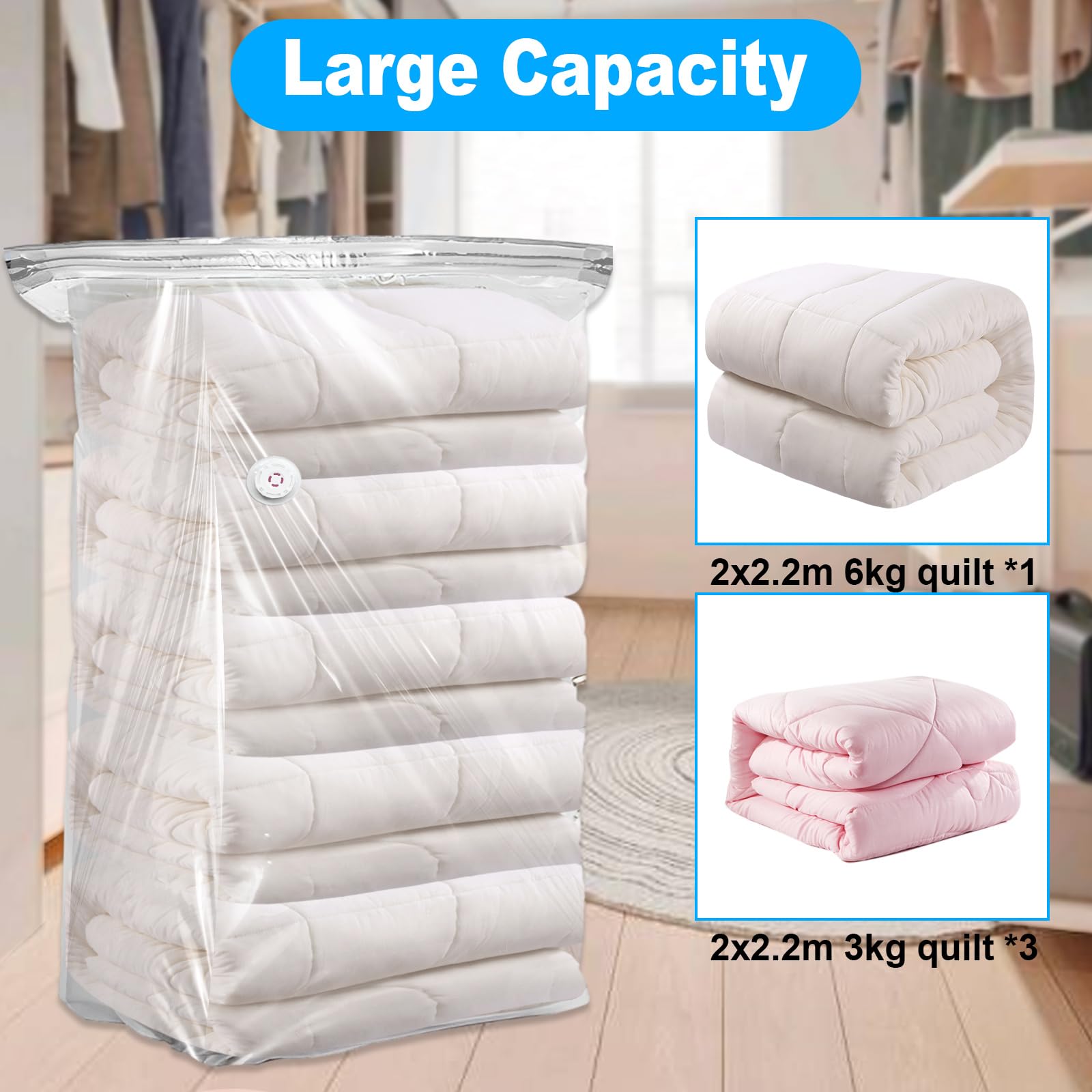 AKOLAFE Paquete de 8 bolsas de almacenamiento al vacío para ropa, bolsas de vacío extragrandes, bolsas de almacenamiento al vacío para viajes, ropa, edredones, almacenamiento de mantas, 80 x 100 x 38