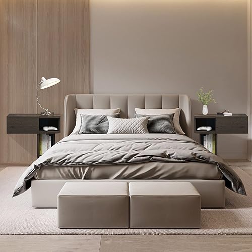 Miniatura 4 de Mesita de noche flotante con cajón y estante abierto, mesita de noche montada en la pared con gran almacenamiento, mesa auxiliar moderna de mediados