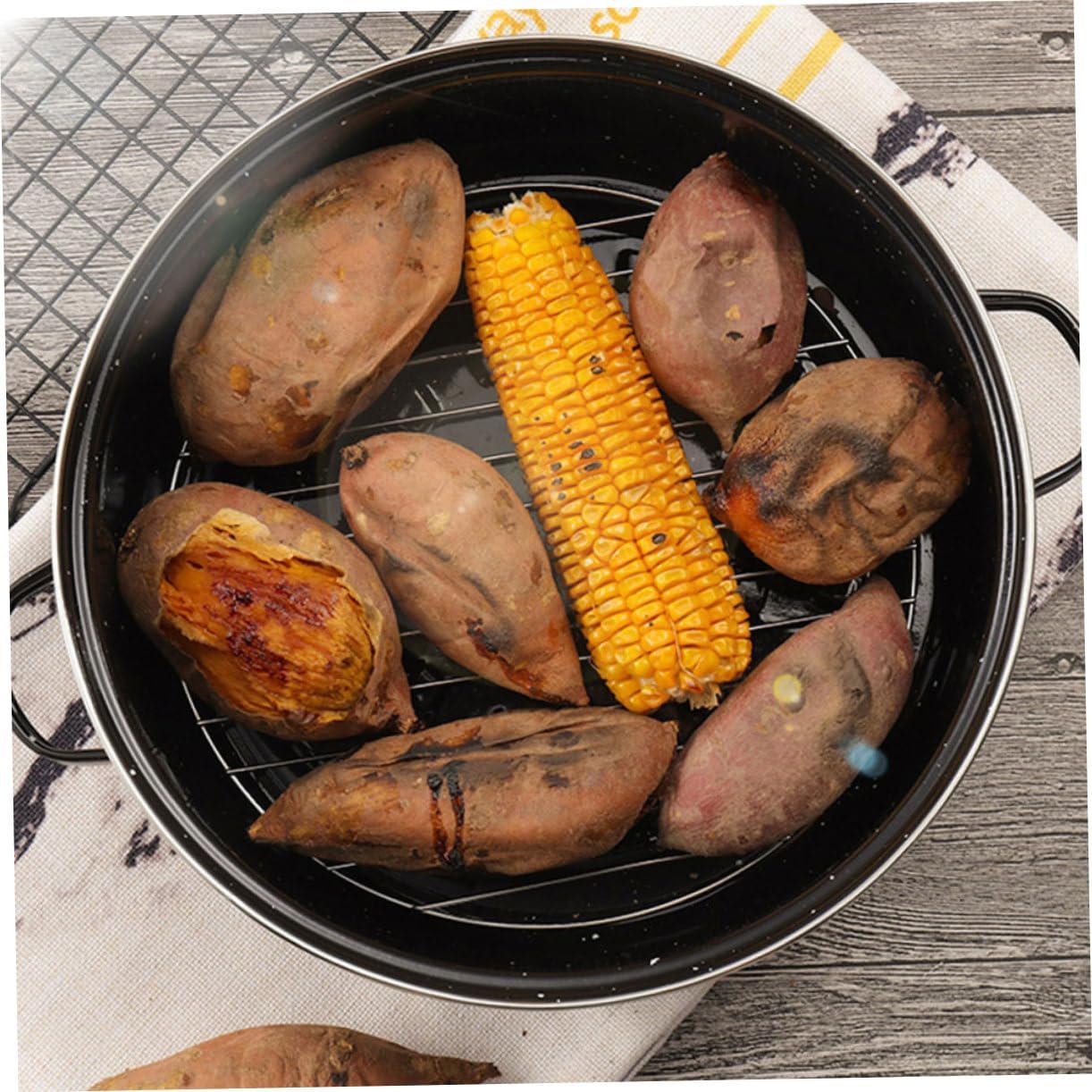 Multi-function Roaster Pan with Ergonomic Double Handles and Glass Lid Cooking Pot for Roasting Sweet Potatoes Meat and Vegetables Suitable for Garden Parties Camping and Everyday