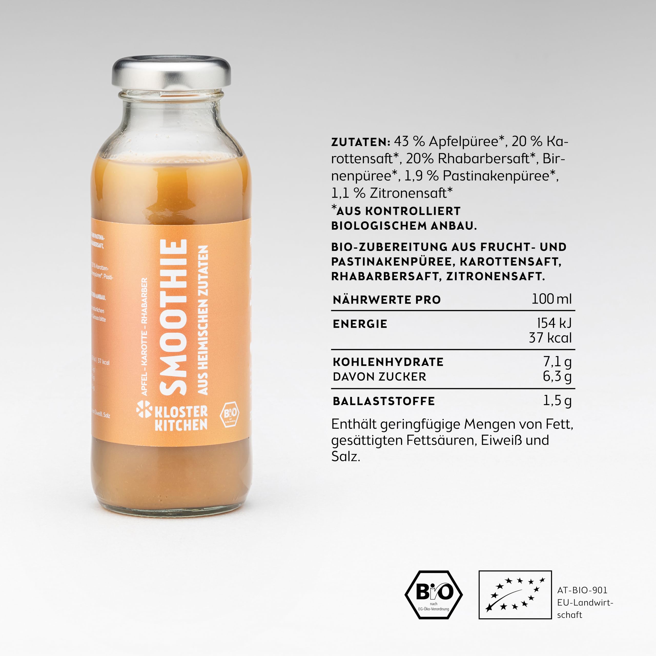 Smoothie bio jaune de Kloster Kitchen Pomme Carotte Rhubarbe 6x 250 ml I Superfood pour le petit-déjeuner vegan I Bouteille en verre à emporter I Superaliment à base d'ingrédients locaux