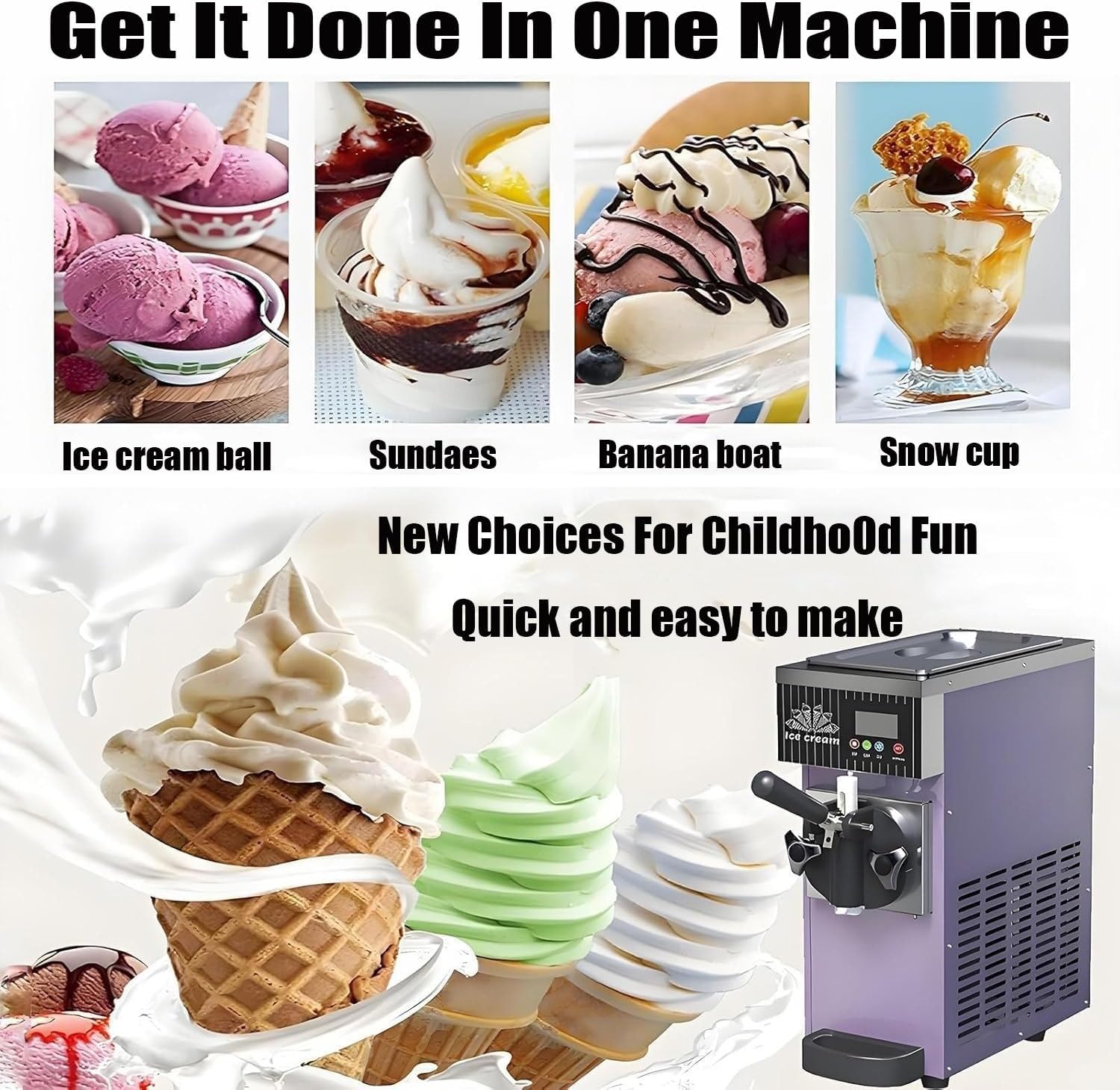 Countertop Ice Cream Maker,Single Flavor Soft Serve Ice Cream Machine,Commercial Vertical Ice Cream Machine,Stainless Steel Single-Head Ice Cream Cone Machine Purple