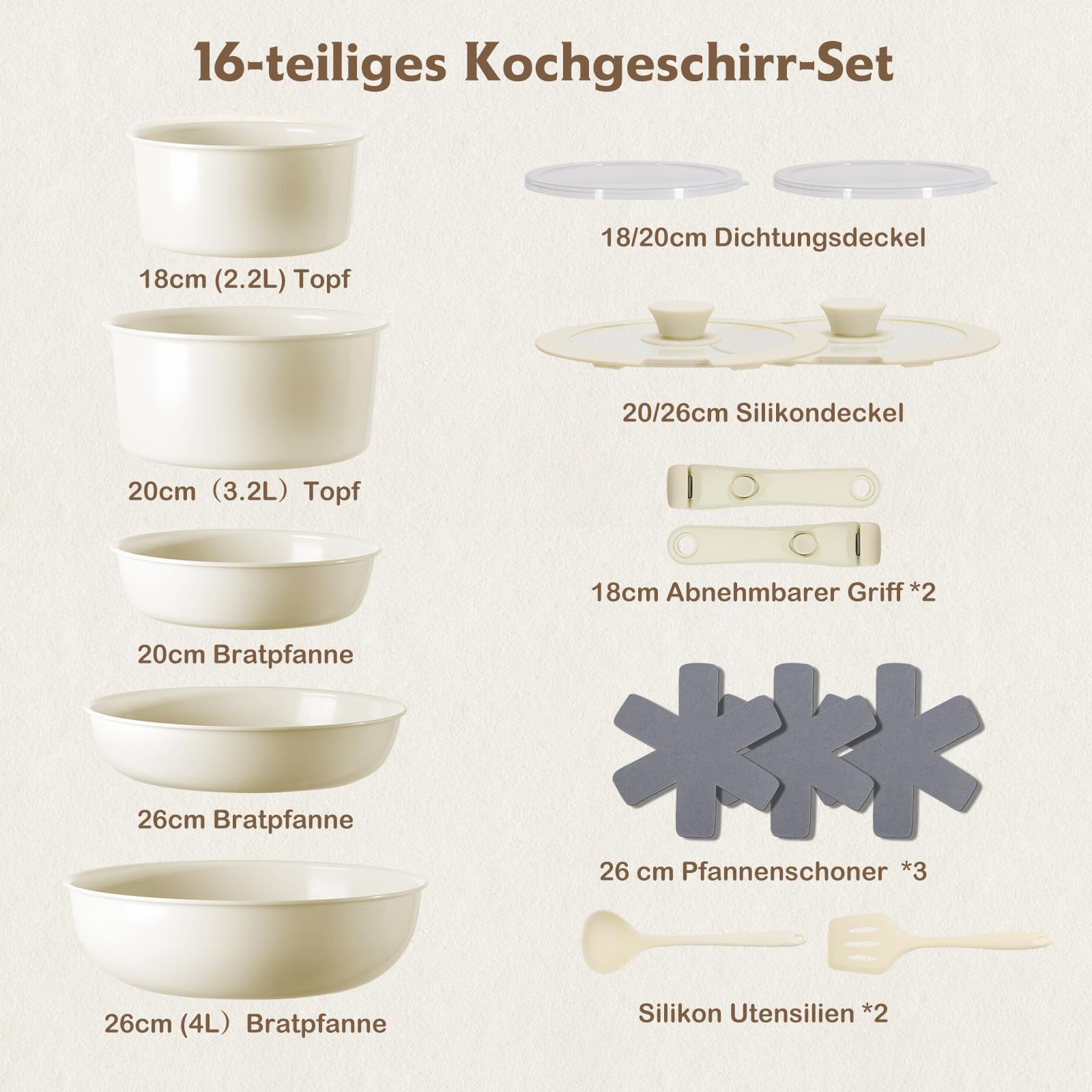 Topfsets, Pfannenset, Antihaft 16-Teiliges Kochgeschirr-Set, Pfannenset Abnehmbarer Griff, Pfanne Induktion, Keramik Topfset, Alle Herdarten Geeignet, Ofen- und Spülmaschinenfest, PFOA-frei