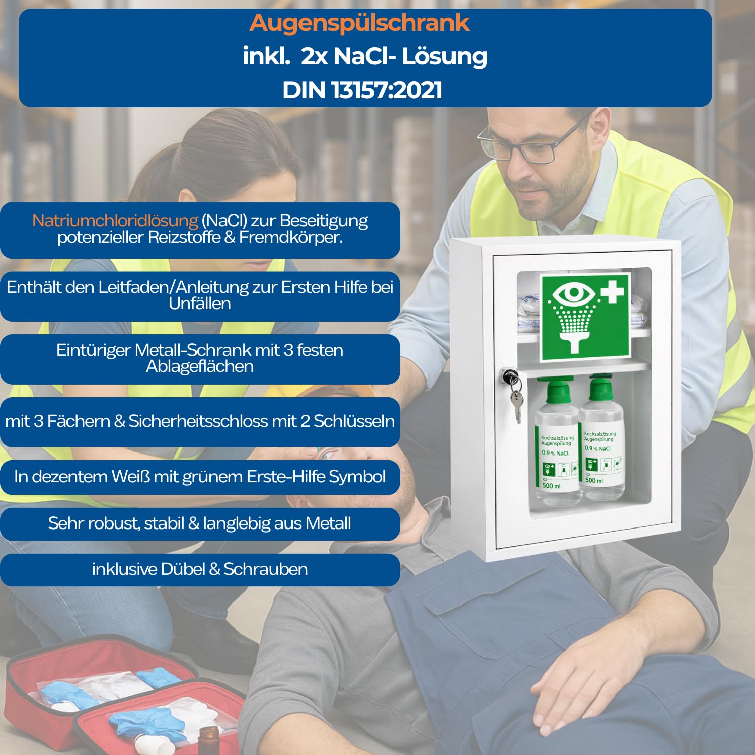 First Aid Products Augenspülschrank mit Sichtfenster – 2x Augenspülung NaCl 0,9% (500ml) – Metall, abschließbar, Eyewash station, Augenspülstation & Augendusche – Nachrüstung Werkstatt & Betrieb