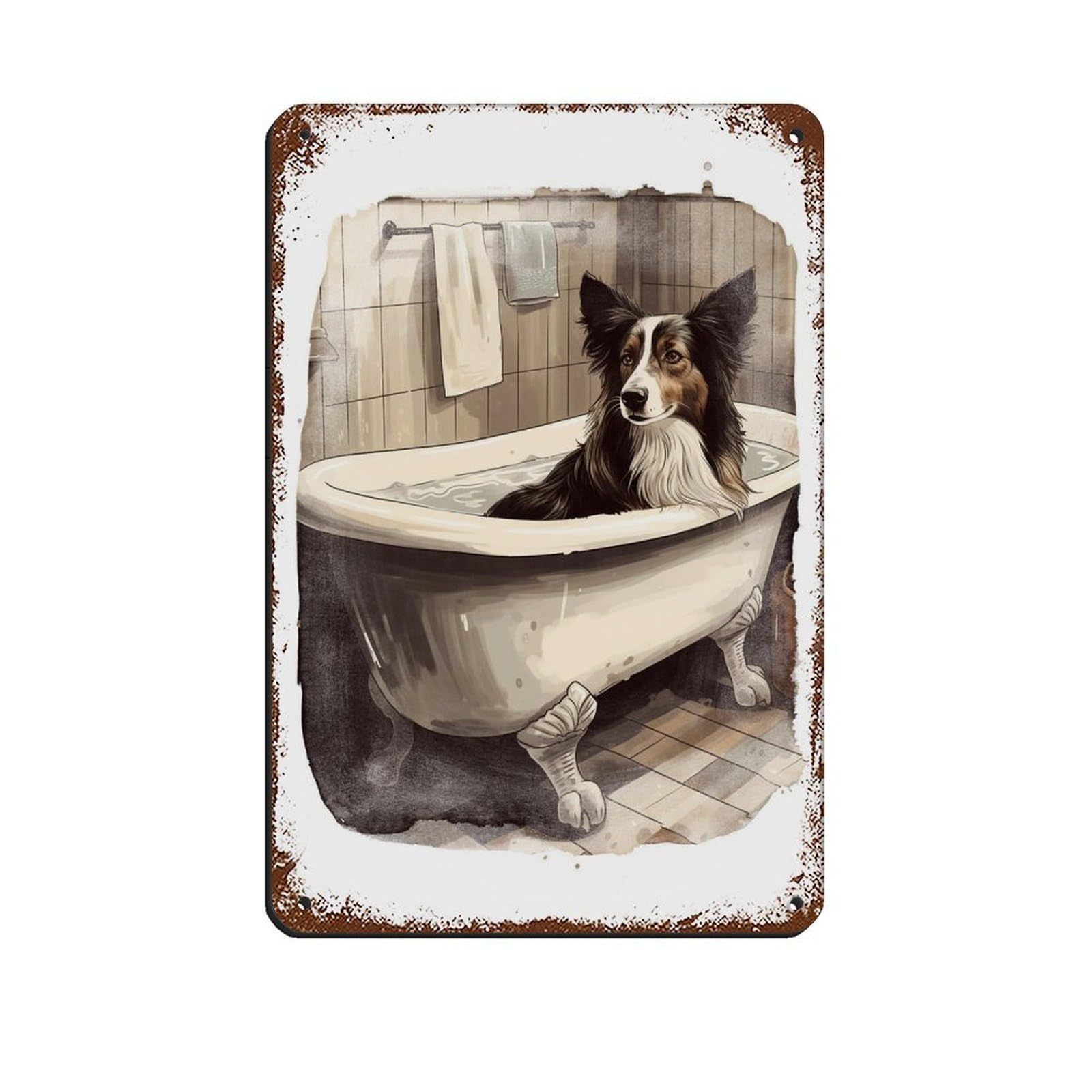 Whimsical Watercolour Border Collie Bath Art Retro Poster Metal Tin Sign Chic Art Retro Iron Painting Bar People Cave Cafe Family Garage Poster Wall Decoration 8x12inch(20x30cm)