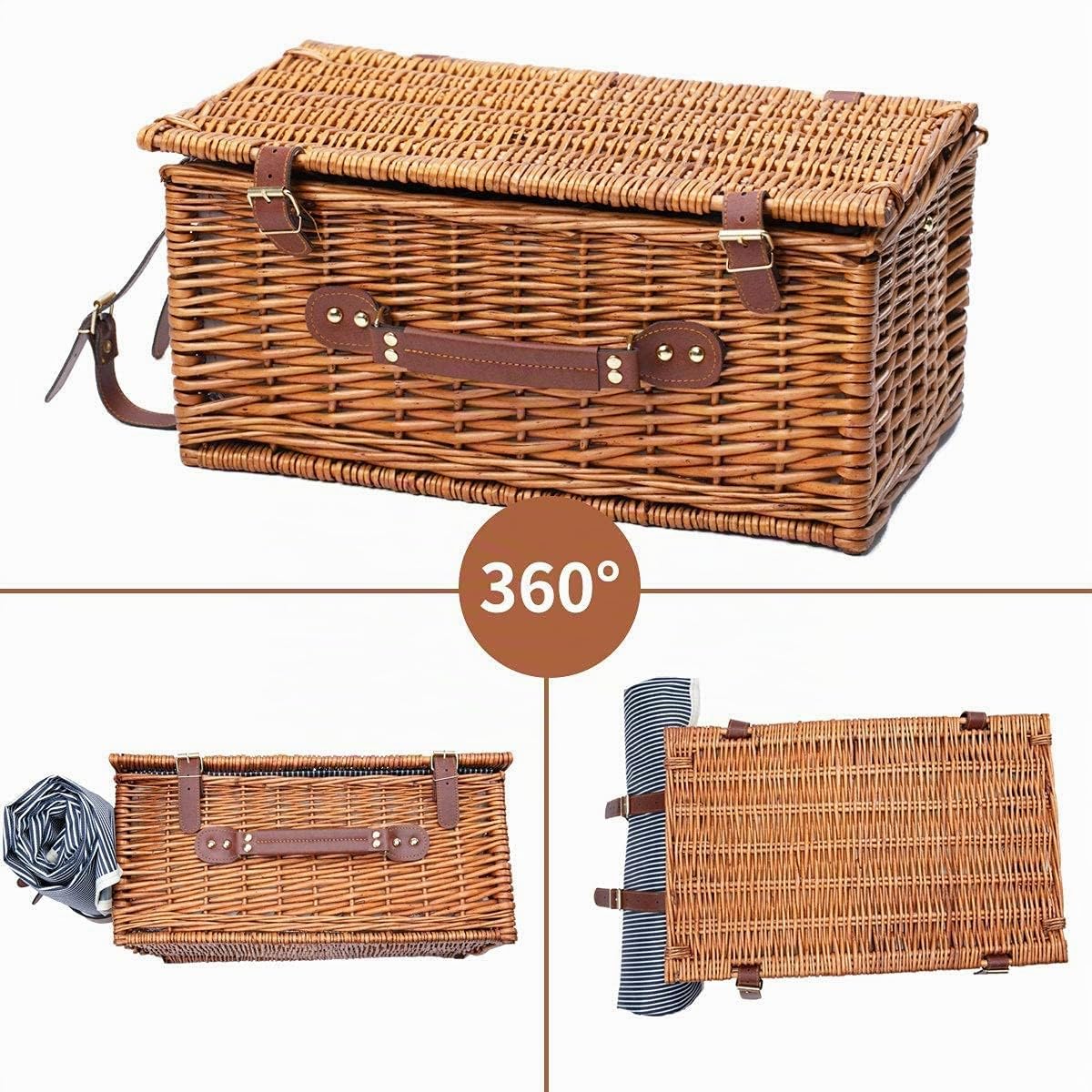 Cestino da Picnic in Vimini per 4 Persone con Scomparto Frigorifero Isolato e Coperta Impermeabile Kit di Posate per Cesti di Salice, Grandi Cesti da Picnic in Vimini per Campeggio