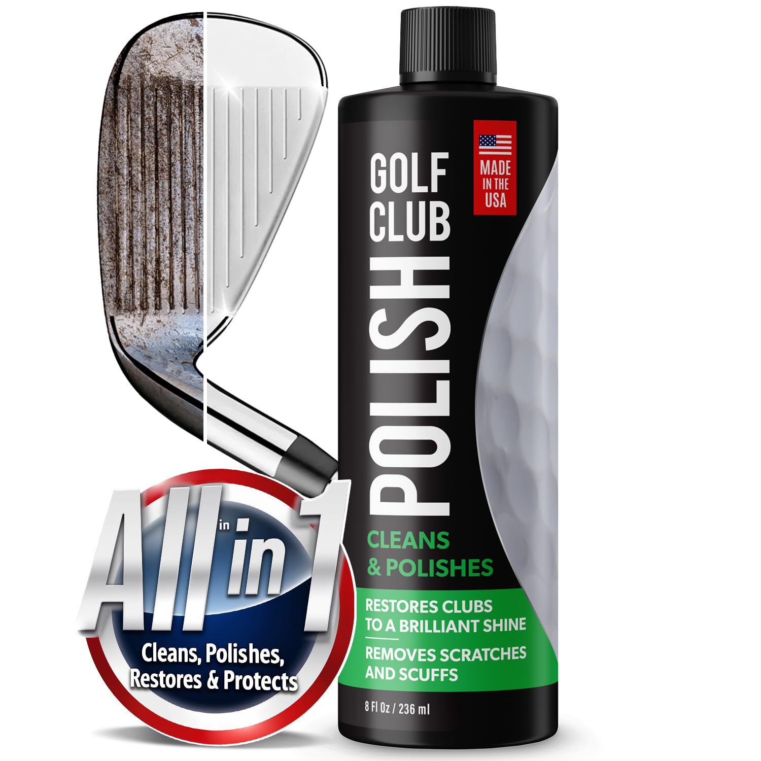 Golf Club Polish - Made In The USA Instant Golf Club Cleaner and Golf Club Scratch Remover - Cream Golf Club Polishing Kit / Golf Club Cleaning Kit - 8 oz of Metal Polish Compound - Golf Accessories