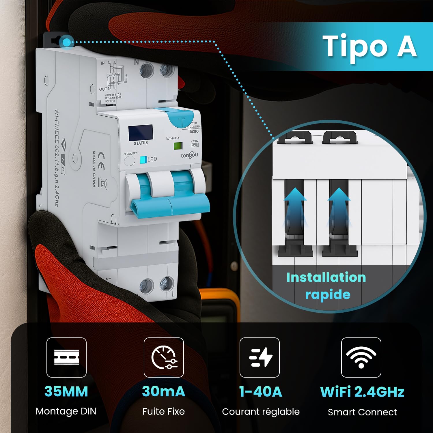 TONGOU RCBO Intelligent Interrupteur Différentiel 1P+N WIFI/TUYA App， Disjoncteur Fi Automatique Réarmable Type A 6kA, Protection contre les surintensités et fuites Rail din (1-40A / 30mA)