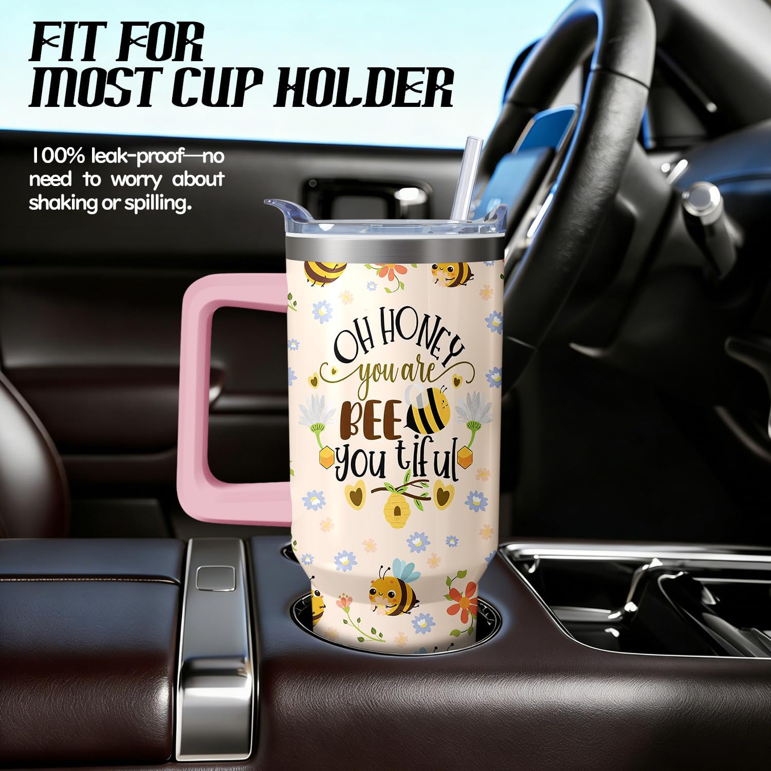 Bee Tumbler with Handle and Straw, 40oz Pink Travel Coffee Mug Water Bottle with Lid, Stainless Steel Insulated Cup, Birthday Gifts for Women Animal Lovers