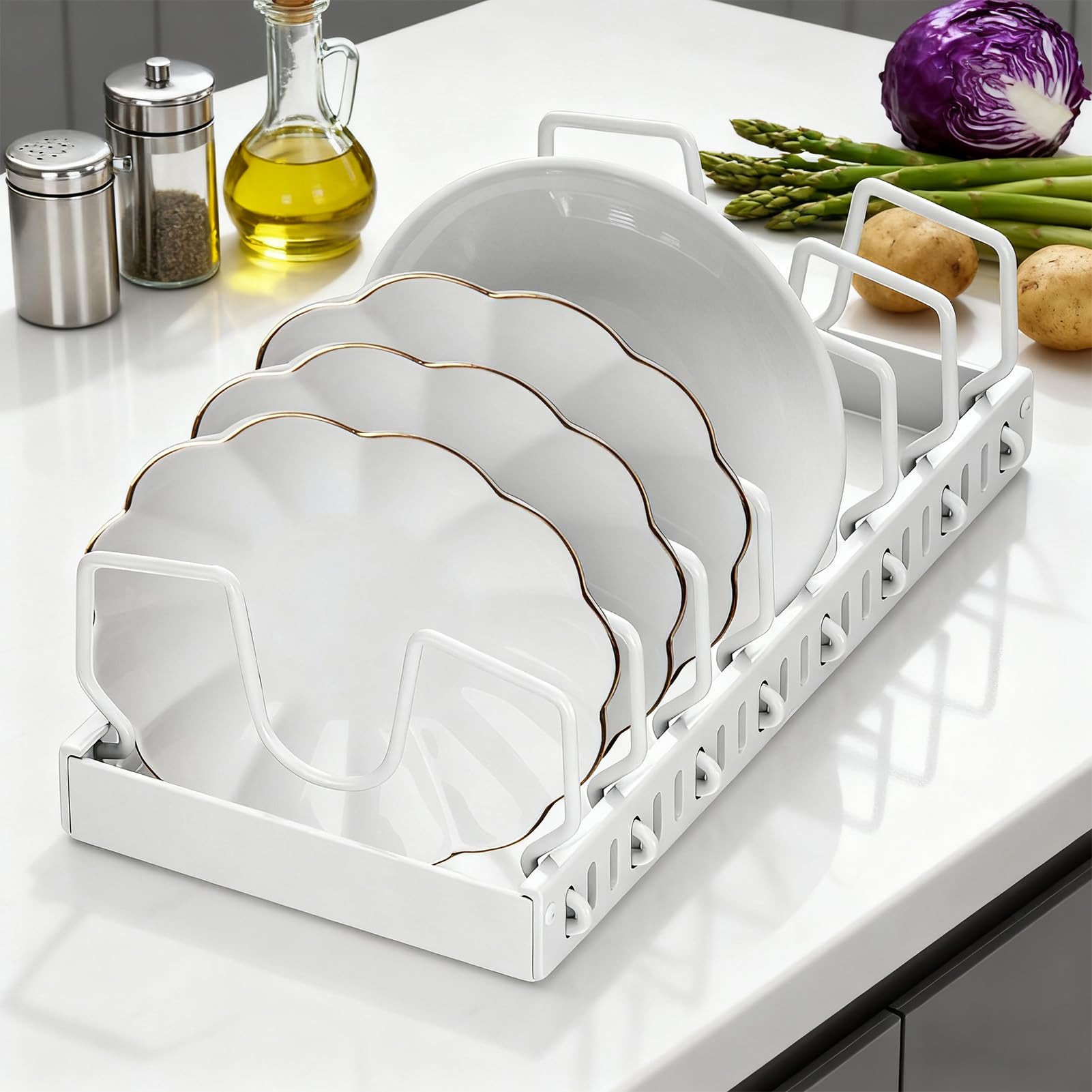 Organizador extensible y sartenes – Soporte de soporte sin | pegamento – Soporte de tapa ajustable con de ruedas | Para encimera de cocina utensilios de cocina