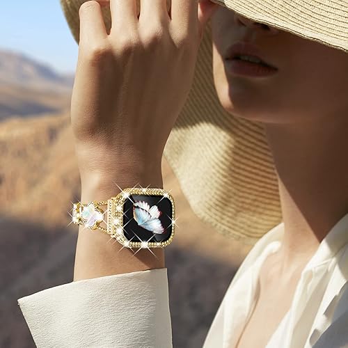 Miniatura 7 de Surace Compatible con correas doradas de Apple Watch de 1.575 pulgadas para mujer, joyería de diamantes de imitación de acero inoxidable con funda