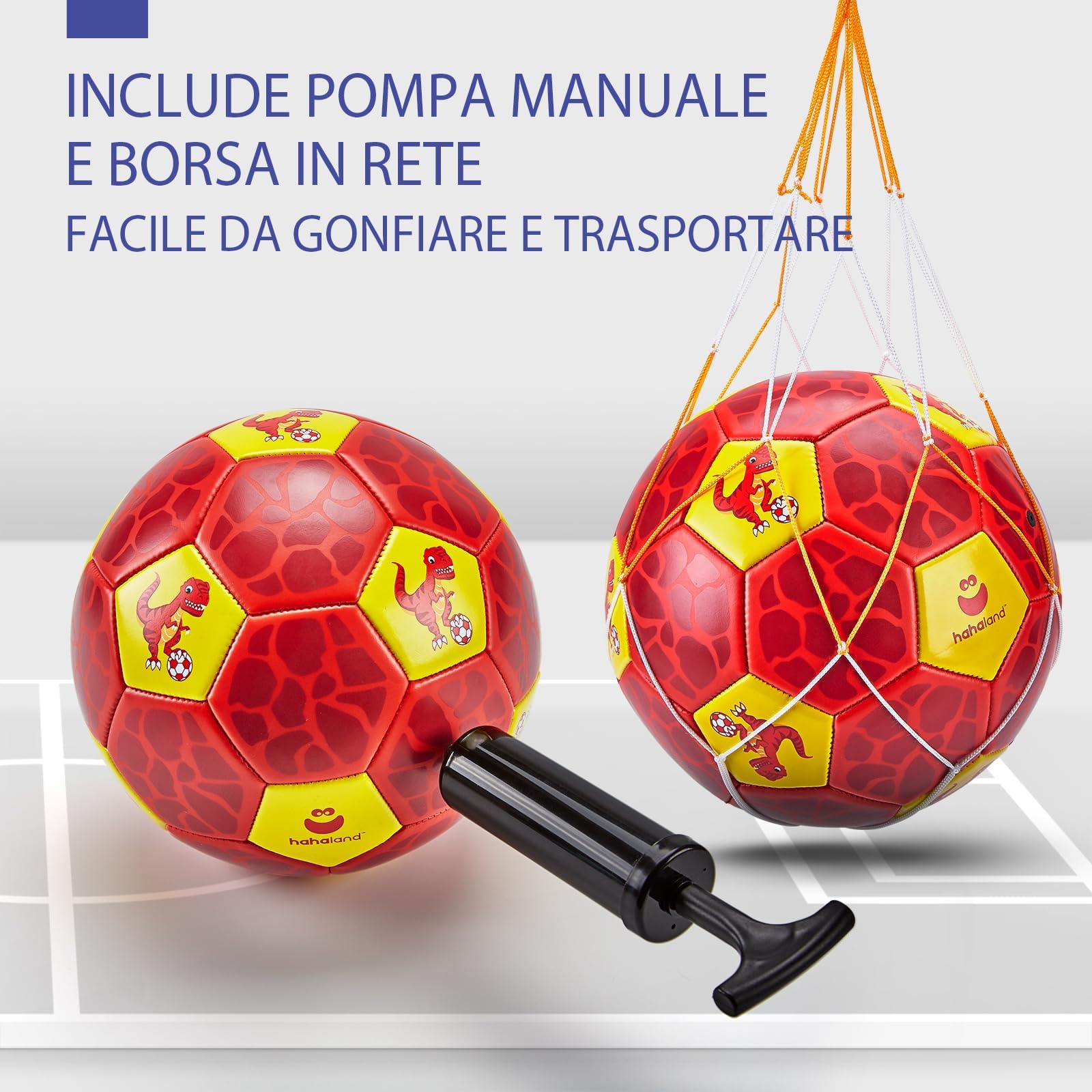 hahaland Pallone da Calcio per Bambini con Pompa, Borsa Rete - Palla Dinosauro Misura 3 - Giocattolo Interni/Cortile/Esterno Bambine 3 4 5 6 7 anni - Giochi per Bambino, Palloni Calcio Regalo