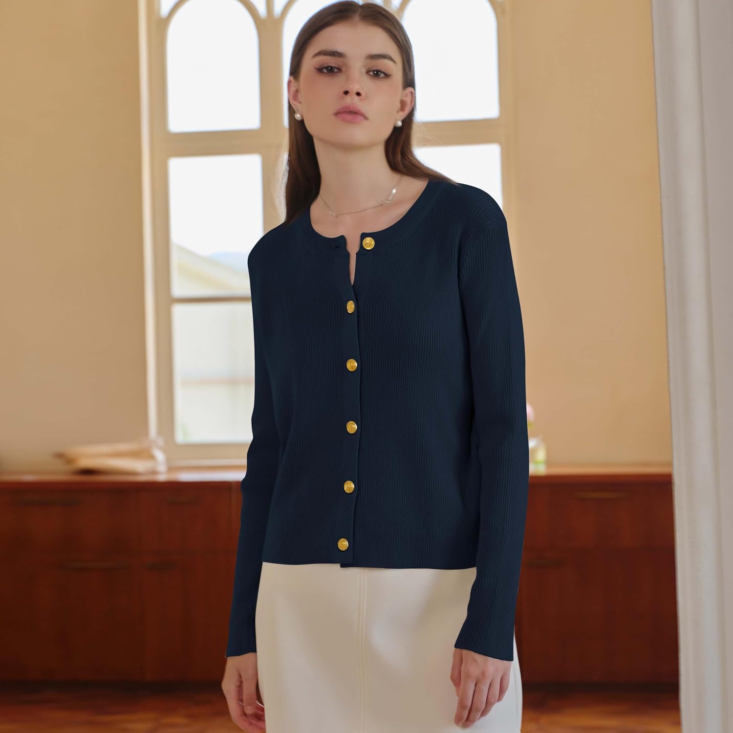 Women's Lightweight Button Cardigan Sweater Long Sleeve Top Fall Crew Neck Knit Solid Jackets Fashion Clothes Outfits - Image 2