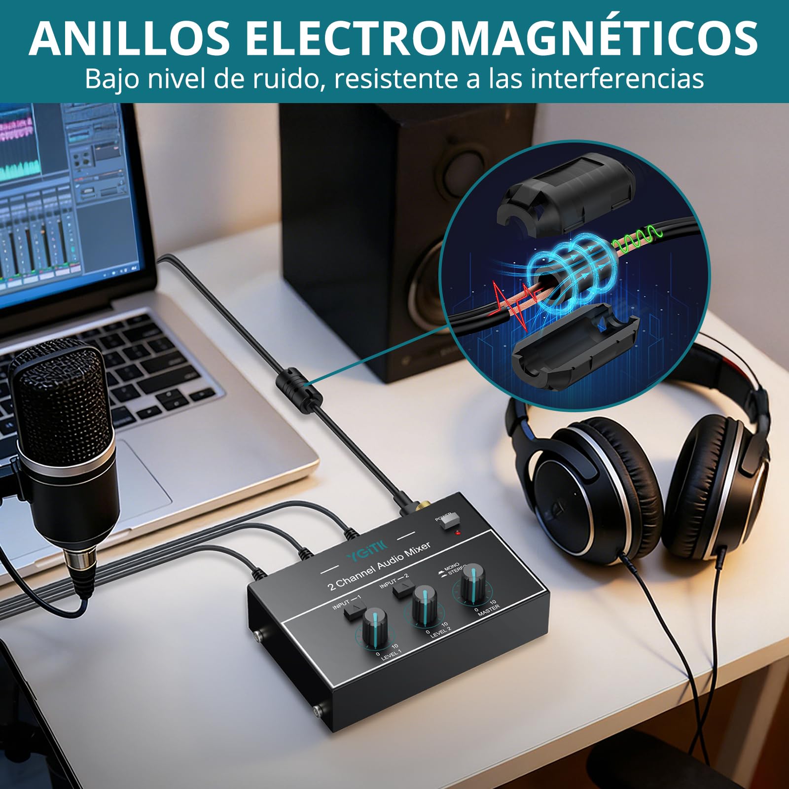 Mini Mezclador de Audio Mezclador de Línea Estéreo de 2 Canales de 6.35mm+3.5mm TSR, 4 Entradas y 1 Salida, para Guitarras, Bajo, Teclados, Micrófono Dinámico