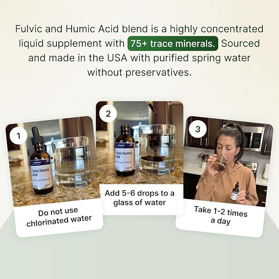 Fulvic Humic Acid 75 + Ionic Trace Minerals - Plant Derived in USA - Fulvic Acid Minerals Concentrate for Energy, Gut Health and Hydration- 1 gram of Liquid Supplement per Serving - 2 oz.
