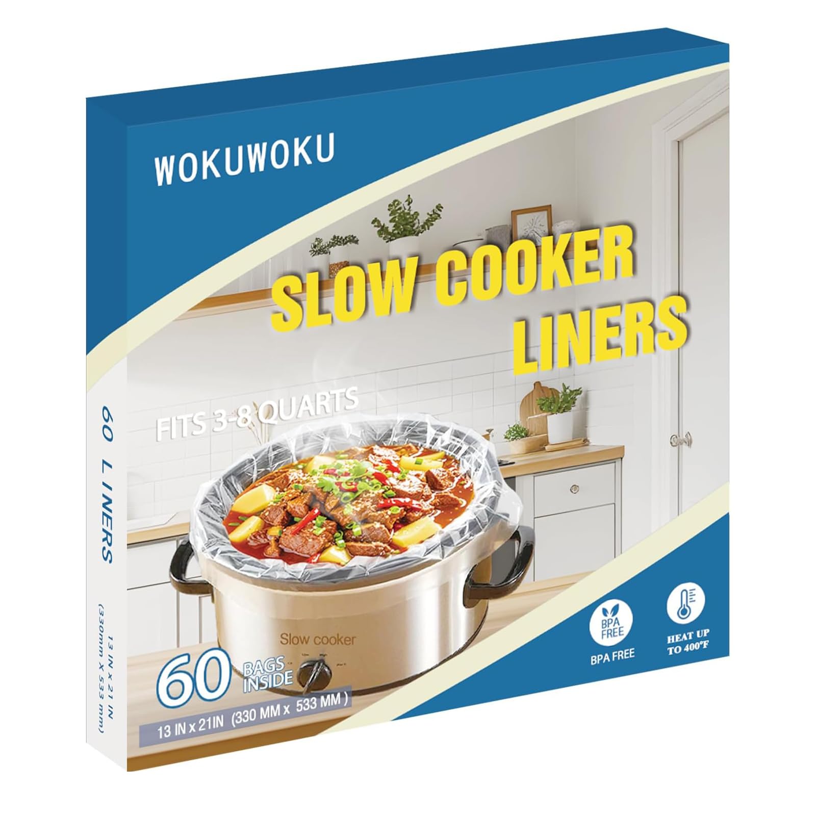 Slow Cooker Liners, 60 Count Cooking Bags Large Size Disposable Pot Liners Plastic Bags, Fit 3QT to 8QT for Slow Cooker Cooking Trays, 13"x 21" (60, Large)
