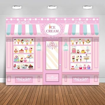 Ice Cream Shoppe Backdrop 10x7ft Sweet Dessert Shop Girl Birthday Background Party Decorations Ice Cream Palor Cake Table Banner Photo Booth Props