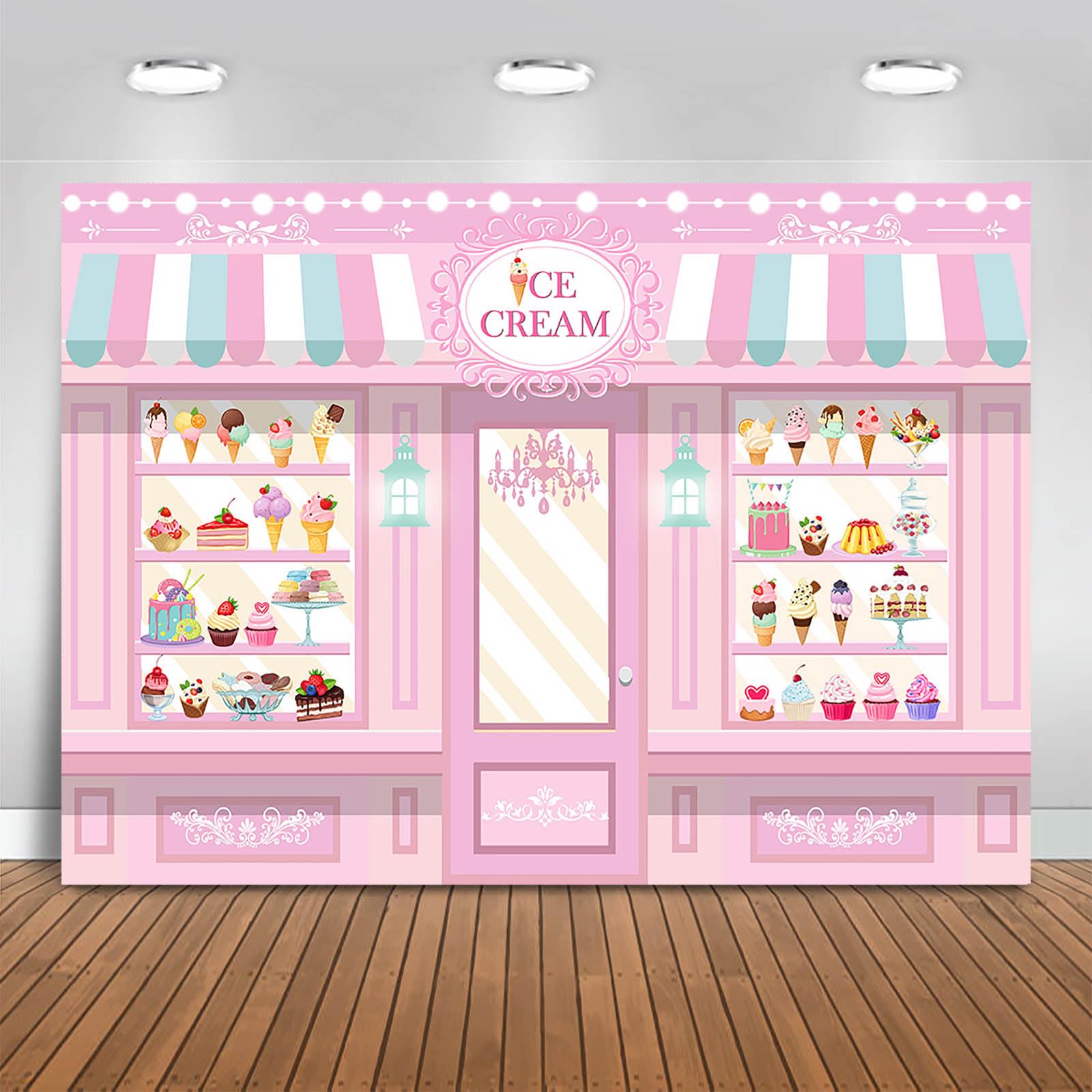 Fitumiw Ice Cream Shoppe Backdrop 7x5ft Sweet Dessert Shop Girl Birthday Background Party Decorations Ice Cream Palor Cake Table Banner Photo Booth