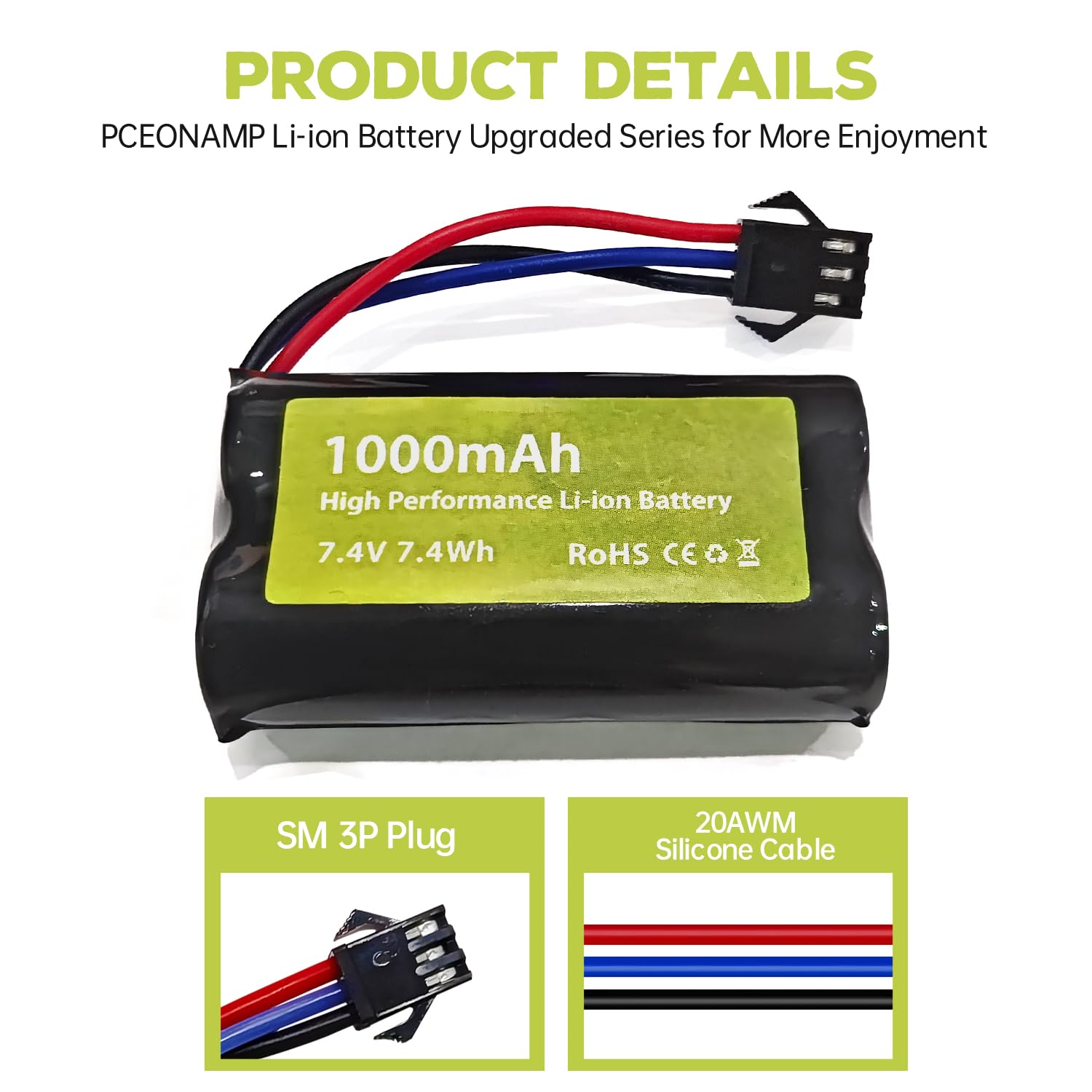 2PCS 7.4V 1000mah 2S Batterie Li-ION avec Prise SM-3P et 2PCS câble de Charge USB pour DE82 TK3086B G20601 RC Car TK-3082B Batterie pour Voiture de Cascade C60 Camion