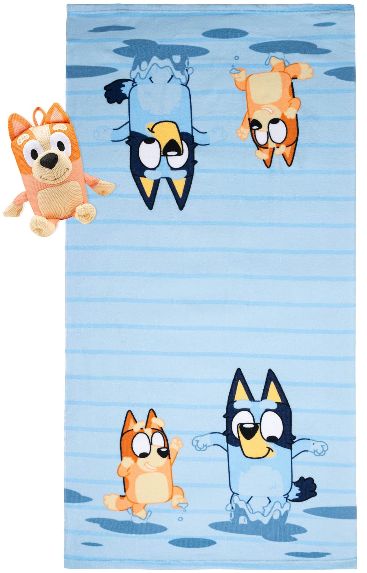 Jay Franco Bluey and Bingo Bath Towel & Bath Buddy Set - Kids Bathtub Accessories - Includes 25 x 50 Inch Microfiber Towel & 13 Inch Bingo Water Play Buddy