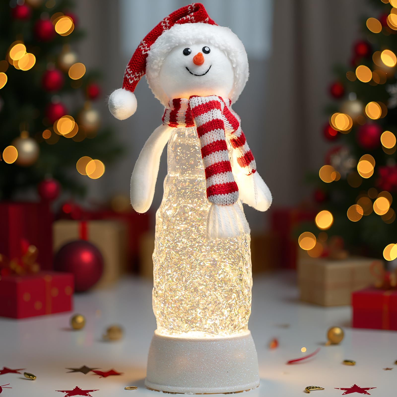 Christmas Snowman Decorations, Lighted Snowman Plush Swirling Glitter Musical Christmas Snow Globe, Christmas Water Lantern Ornaments for Festival Decoration Gifts