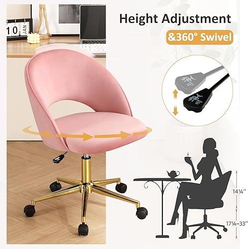 Miniatura 4 de Furniliving Silla de tocador rosa, bonitas sillas de escritorio para niñas con respaldo, silla decorativa tapizada con ruedas para sala de estar,