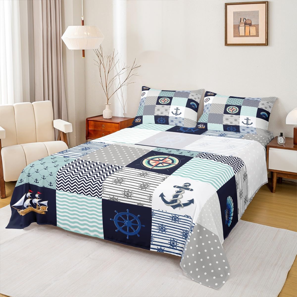 Parure de lit 4 pièces avec drap housse bleu pour lit enfant
