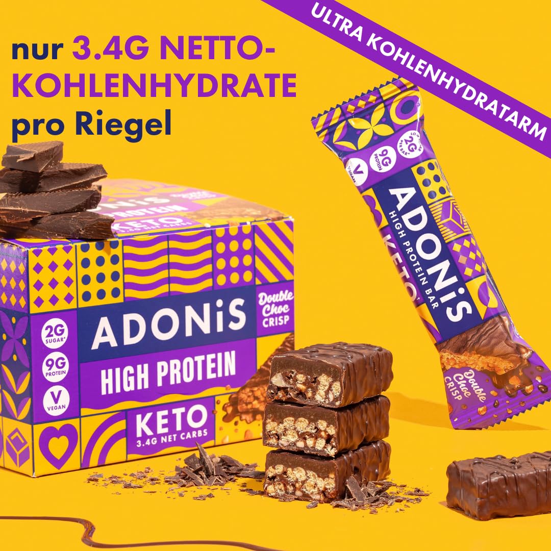 Adonis Keto Riegel Erdnussbutter-Karamell – 16 x 45g | Low-Carb Eiweißriegel | 9g Protein, 2g Zucker | Keto-freundlich, ballaststoffreich | Ohne Zuckerzusatz (Schokolade)