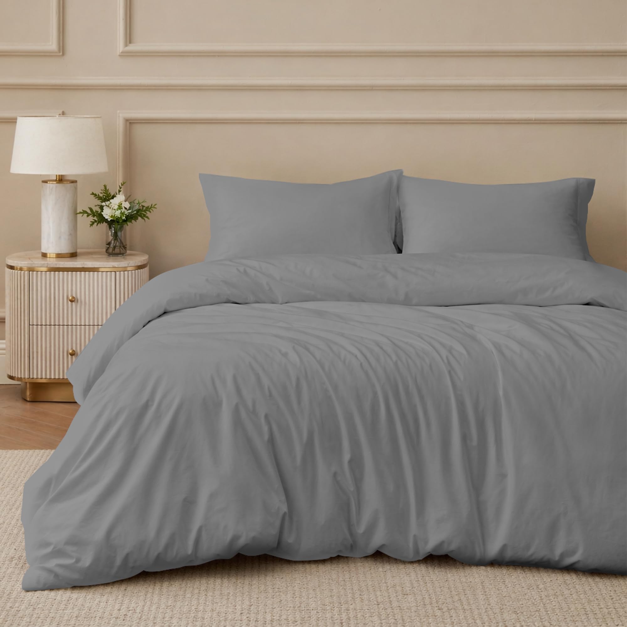 Egypto Silver Microfibre Duvet Cover Set – Hypoallergenic & Breathable Super King Duvet Cover With 2X Pillowcases – Soft & Lightweight Bedding Set – Button Closure Design (Super King 260X220cm)