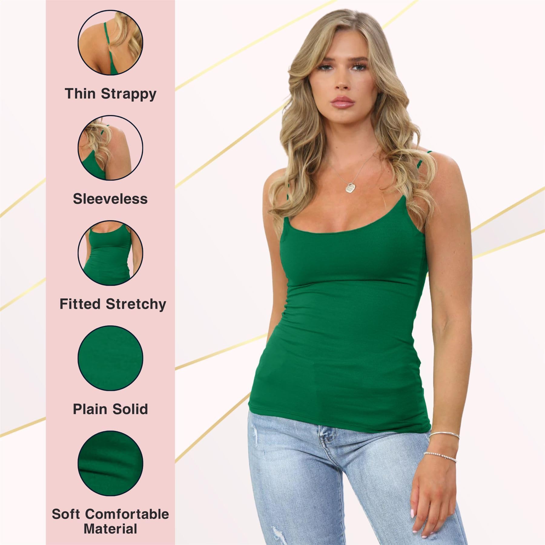 janisramone Damskie podkoszulki Bodycon Cami Strappy bez rękawów, jednokolorowe, bez rękawów, dekolt w serek, wąskie, dopasowane, rozciągliwe ubranie na siłownię, na co dzień, letnia kamizelka, topy