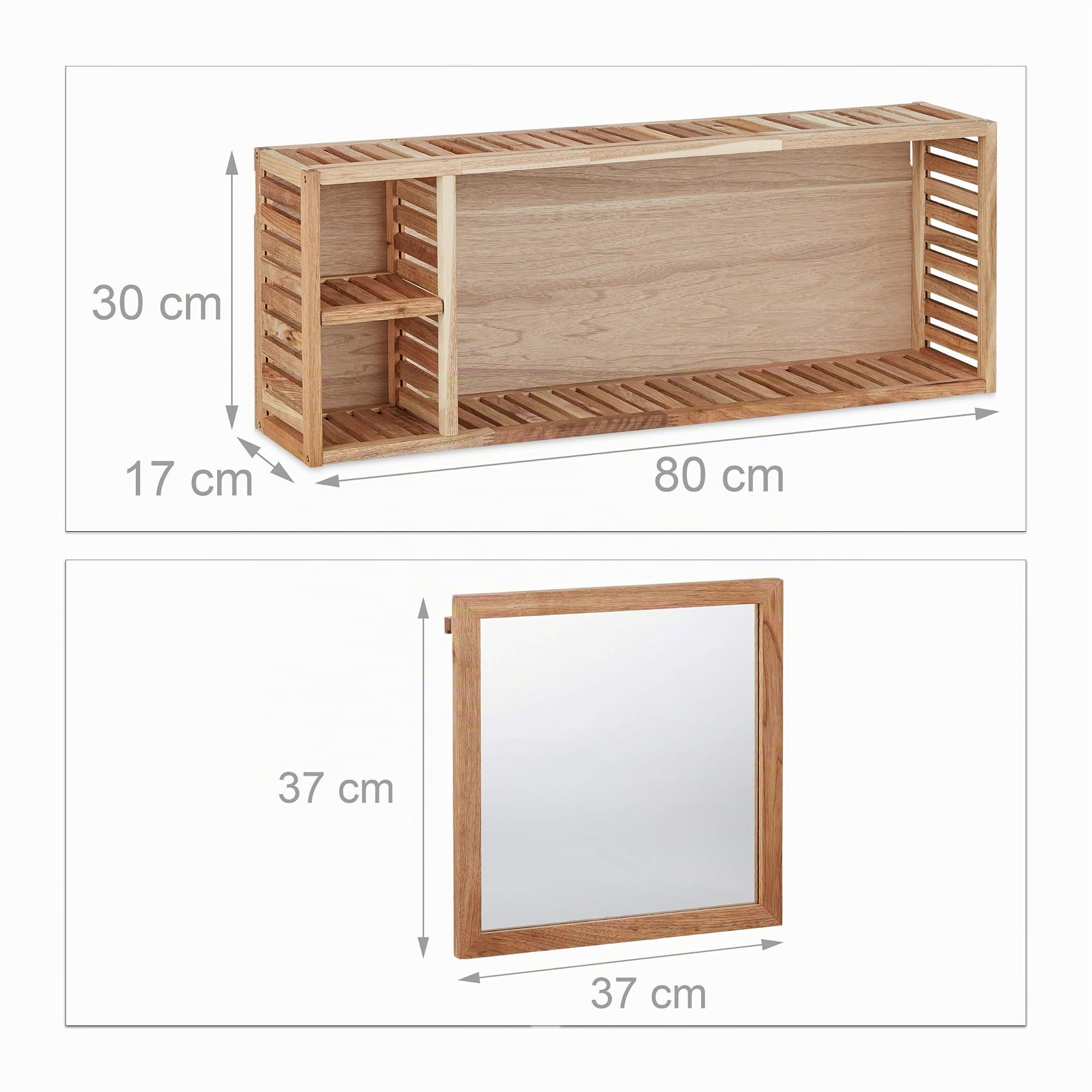 Relaxdays Etagère murale avec miroir coulissant salle de bain armoire bois de noyer huilé side board 80 cm de largeur, nature, 17x80x30 cm