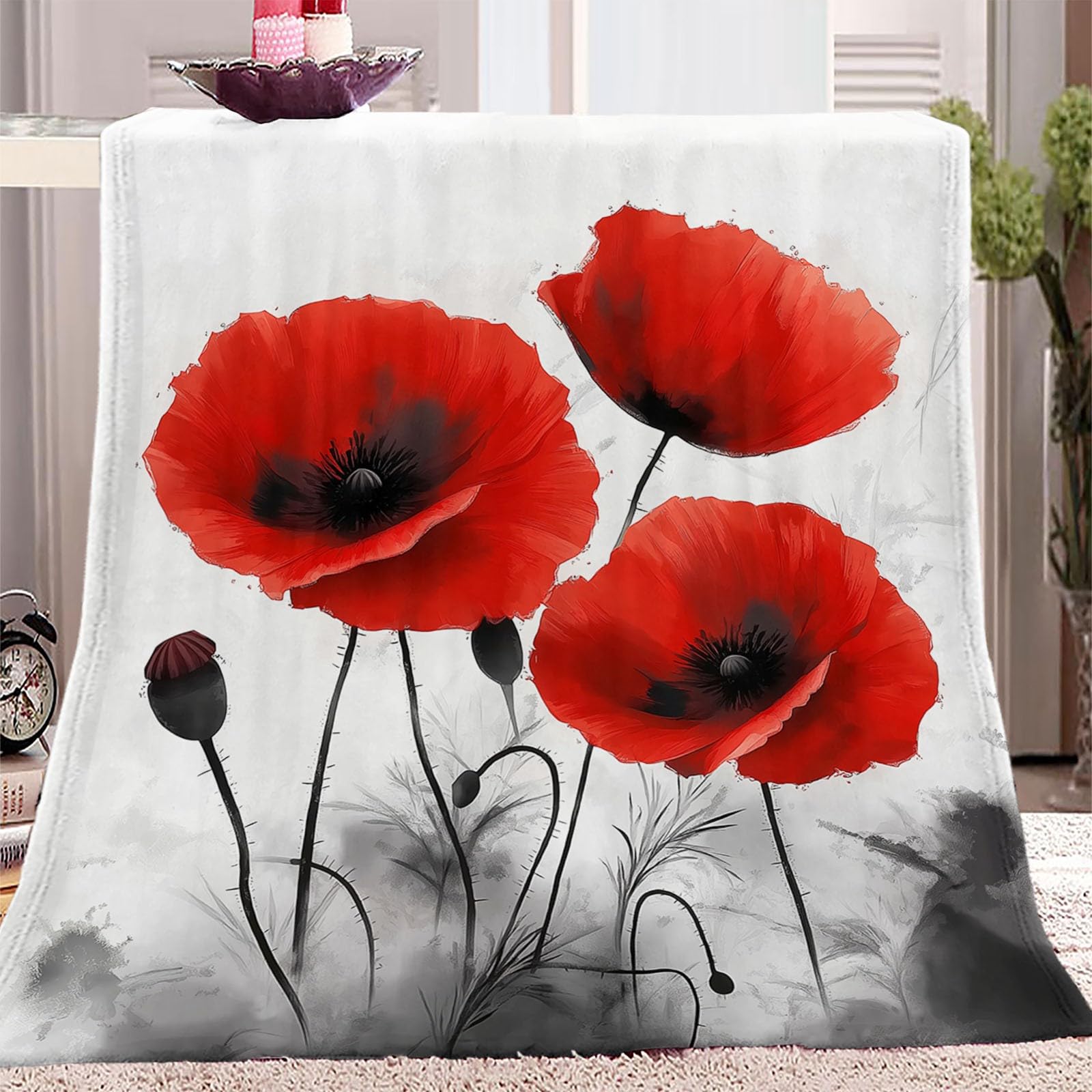 Red Black Printed Blankets Watercolor Botanical Poppy Flowers Soft Warm Blanket Sofa Blanket Bed Blanket 150 x 200 cm (59" x 78.7") Flannel Blanket King For All Season Kids And Adults