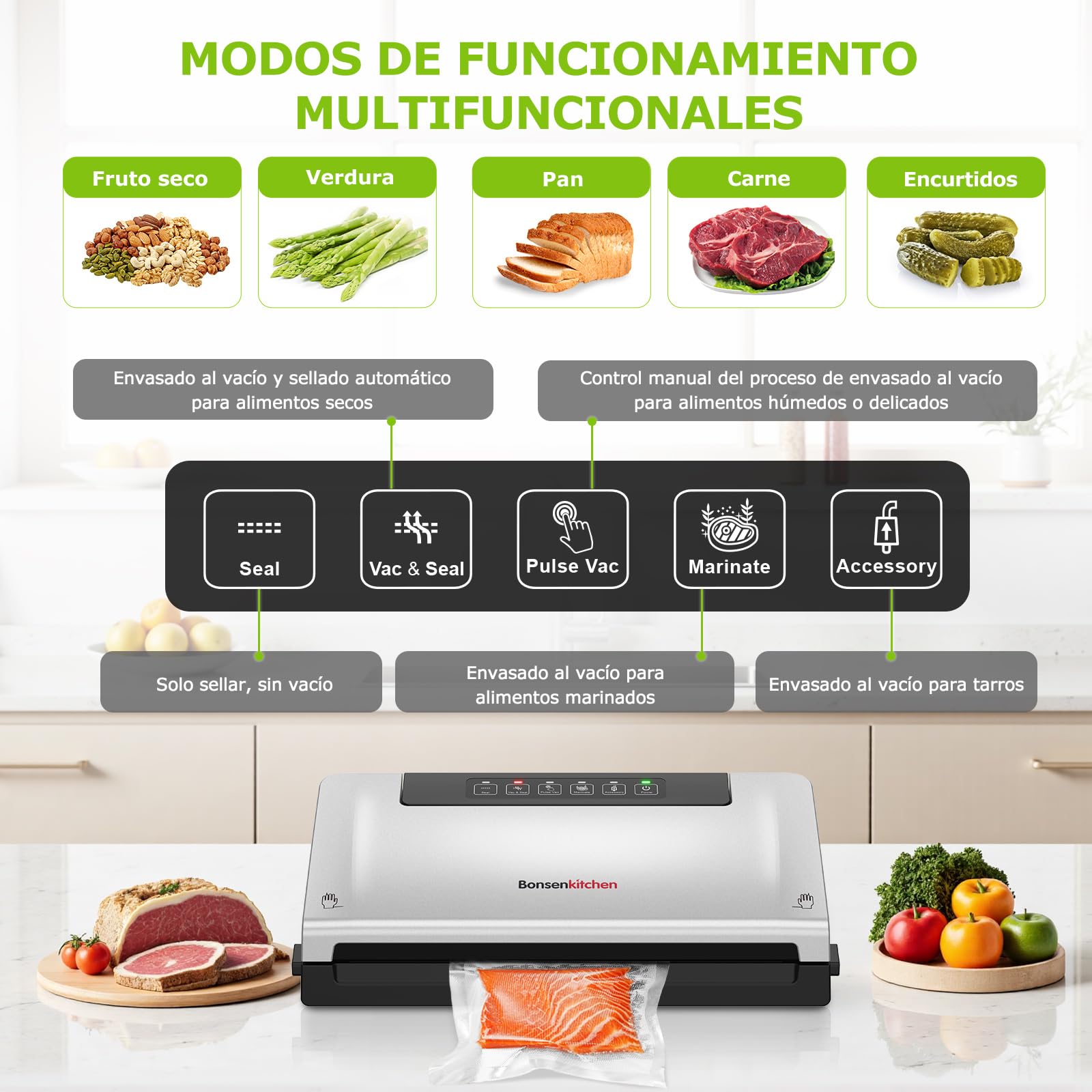 Bonsenkitchen Envasadora al Vacío, Maquina al Vacio con 5 Modos, Cortador y Almacenamiento de Bolsas en Rollo, Vacío Rápido, Incluye 10 Bolsas de Vacío y 1 Bolsa de Rollo-VS3000