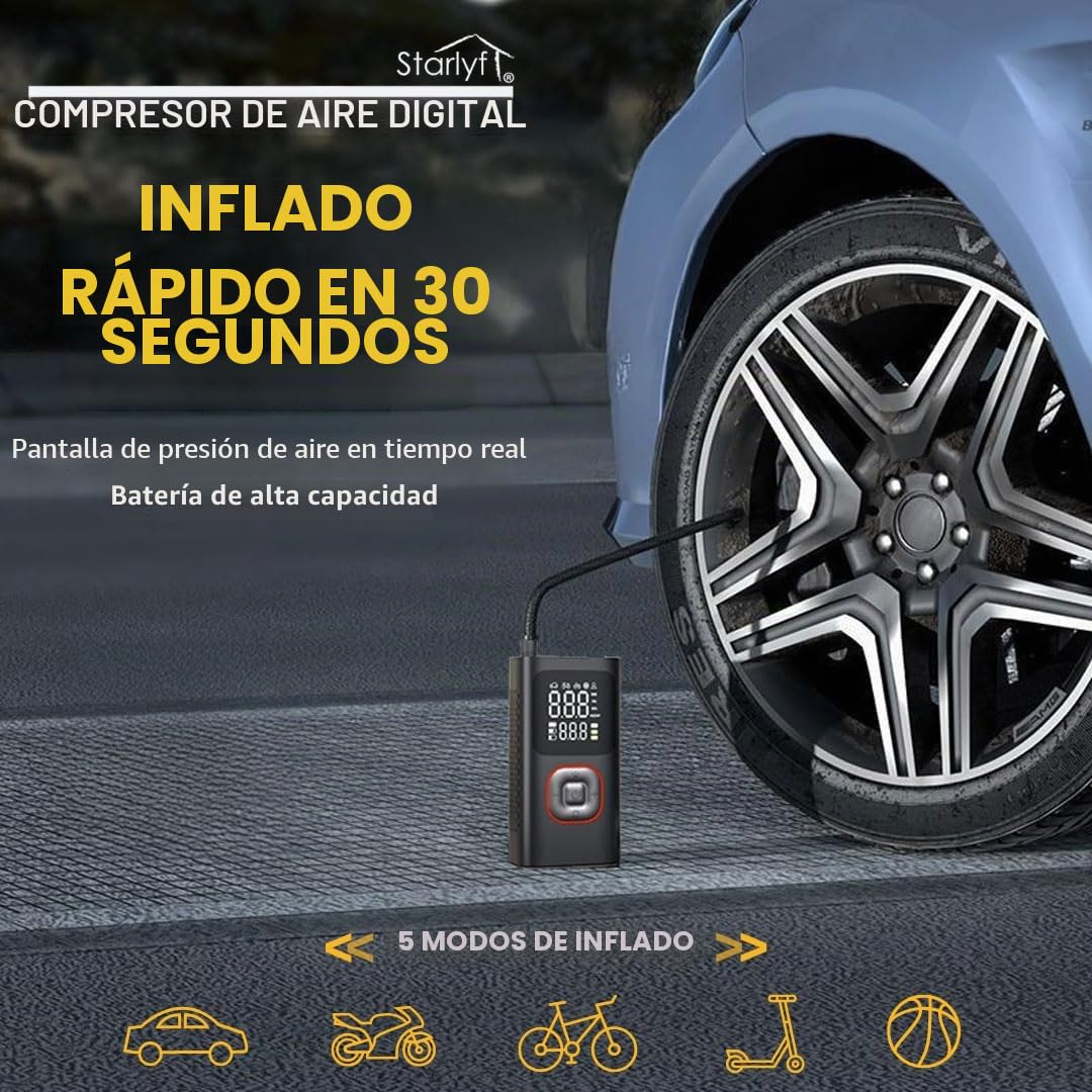STARLYF Compresor de Aire Portátil, Inflador de Ruedas Inalámbrico, Recargable, 150 PSI de Potencia, Apagado Automático, Luz Incorporada, Bomba de Aire Multiuso - Garantía Oficial