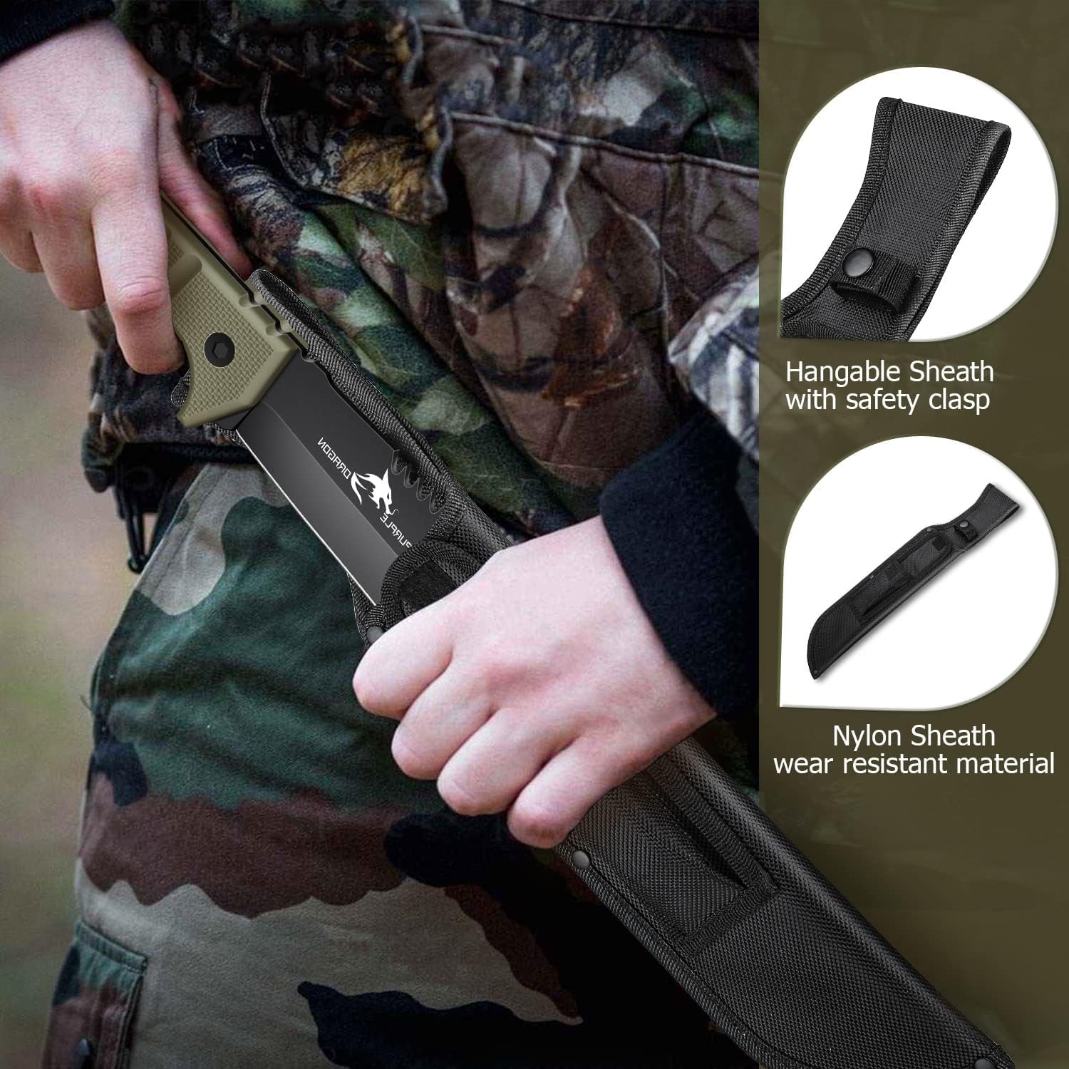 Purple Dragon Grande coltello da esterno con fodero, coltello Full Tang realizzato in un unico pezzo di acciaio D2, coltello da sopravvivenza