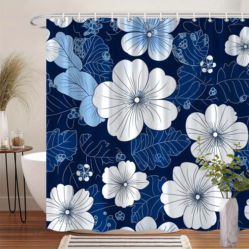 Eleganter Duschvorhang mit japanischem Shibori-Muster und floralen Linienzeichnungen – Polyestergewebe,maschinenwaschbar,Badezimmerdekoration mit 12 Haken(200 x 210 cm/79 x 79 Zoll(B x H)