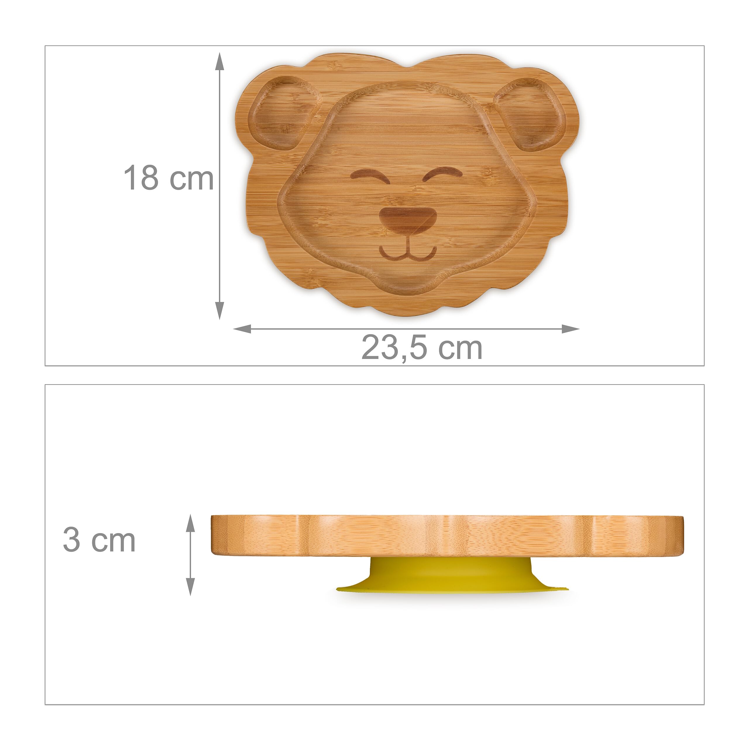 Relaxdays Piatto con Ventosa per Bambini, Piattino Pappa Svezzamento Neonati, Senza BPA, Forma Leone in bambù, Naturale