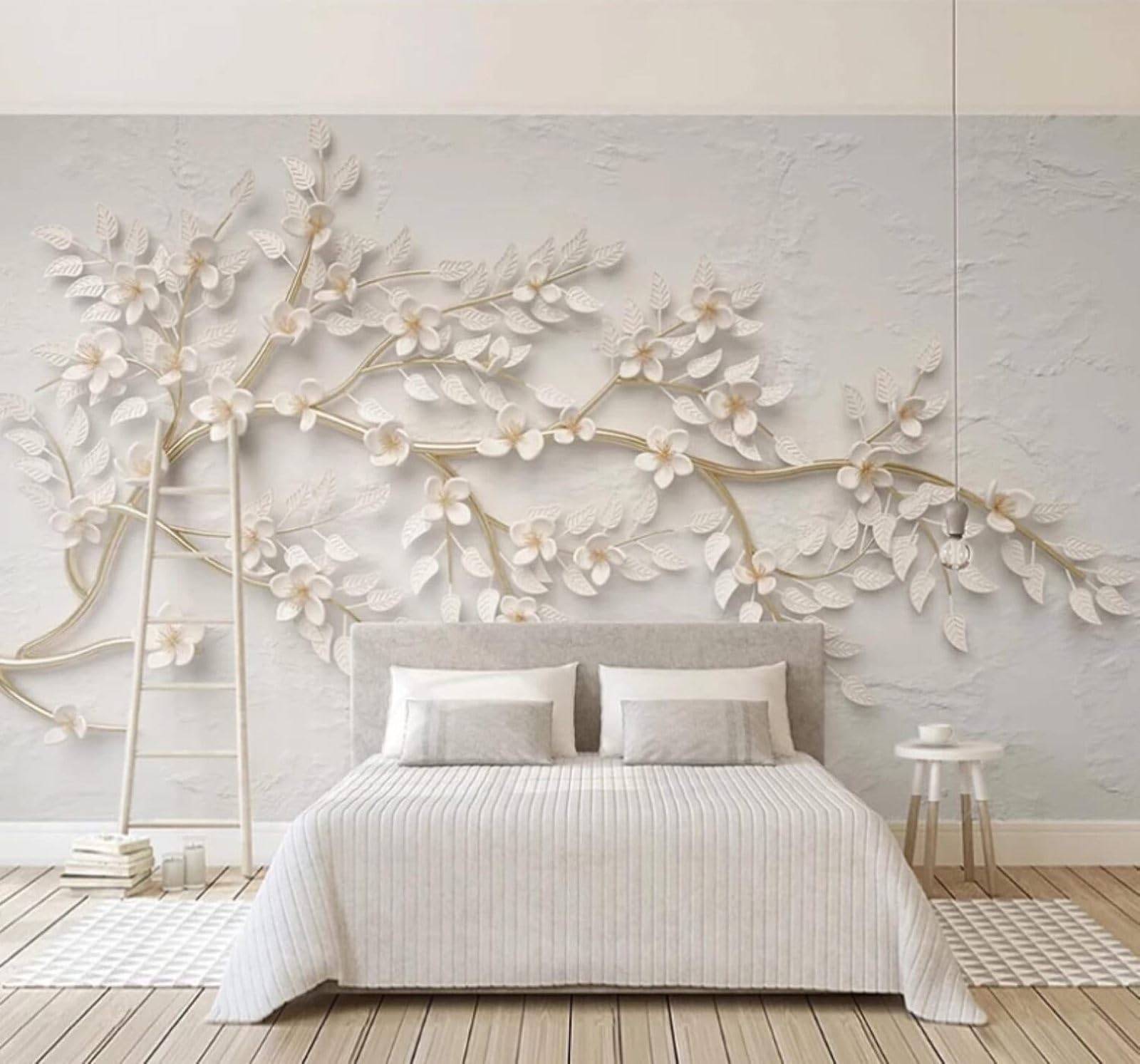Xlming 300Cm×210Cm(B×H) Relief Gold Branches White Flowers 3D Wallpaper Luxury Home Dining Decor Paste Sofa Living Room The Wall For Bedroom Mural-300Cm×210Cm