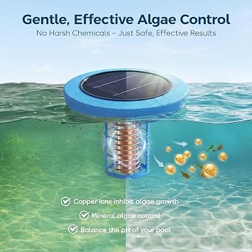 PASAMIC Solar Pool Ionizer, Cleaner for Up to 35,000 Gallon Pools, IP68 Waterproof Copper Anode, Solar Ionizer for Pool, Suitable for in/Above Ground Pools, Spas & Hot Tubs, Blue