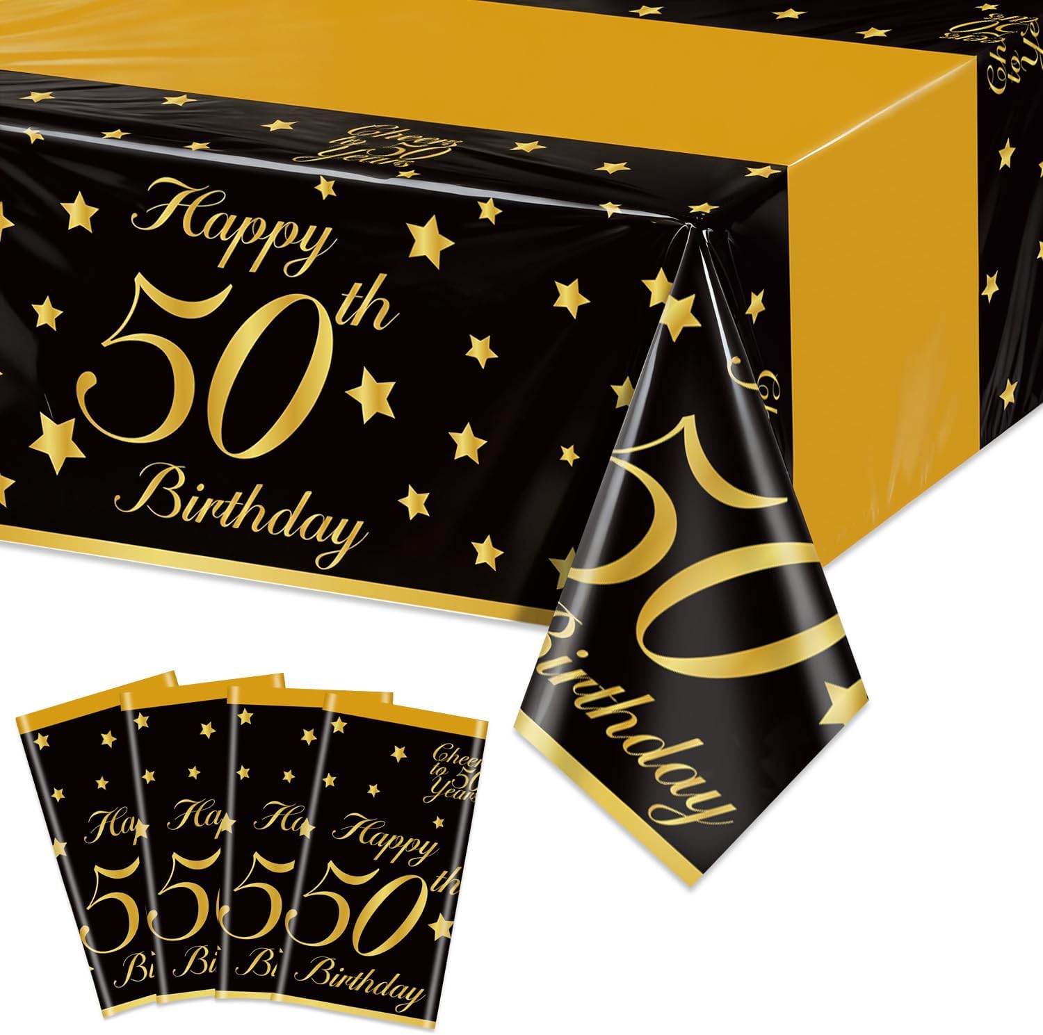4 Pack 50th Birthday Tablecloths Plastic Disposable Black and Gold Rectangle Table Cover for Men Woman 50 Birthday Party Decorations, 51x87''