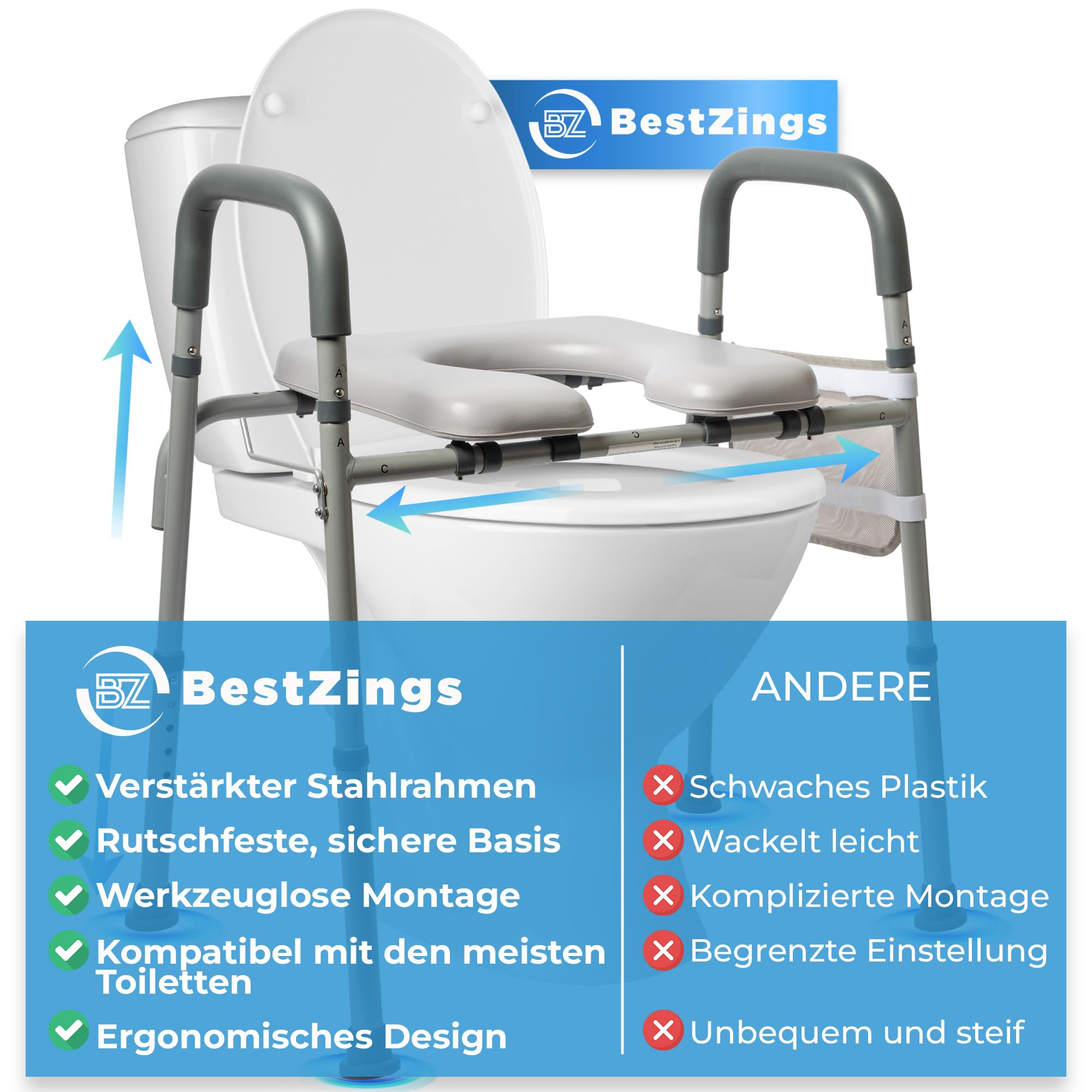 Toilettensitzerhöhung mit Armlehnen, WC Sitzerhöhung für Senioren, Senioren Toilettensitzerhöher mit Höhenverstellbaren, Erhöhter Toilettensitz, toilettenerhöhung, Wc sitzerhöhung