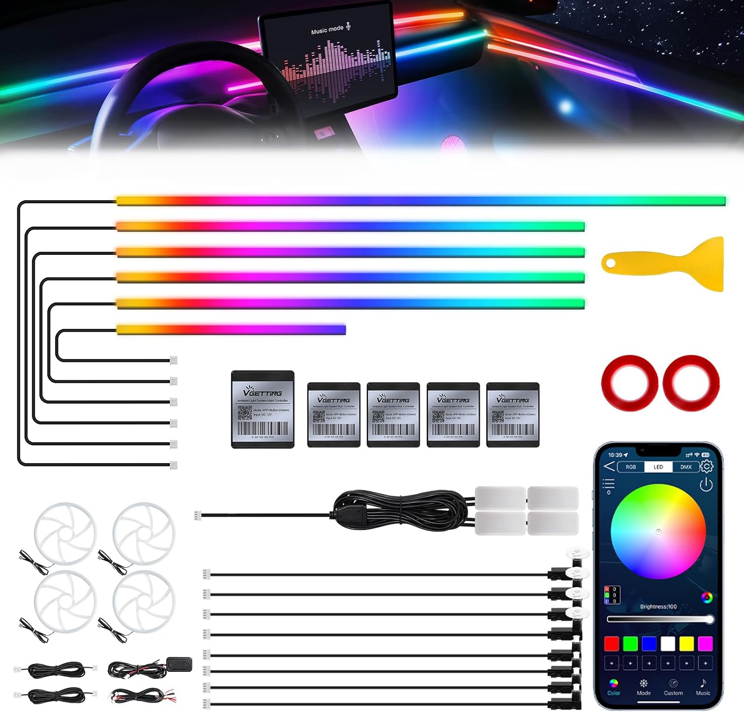 Dreamcolor Acrylic Interior Car LED Strip Light with Wireless APP, Dual Zone RGB 22 in 1 with 175 inches 600 LEDs Fiber Optic Ambient Lighting Kits, Music Sync Neon LED Strip for Car Accessories
