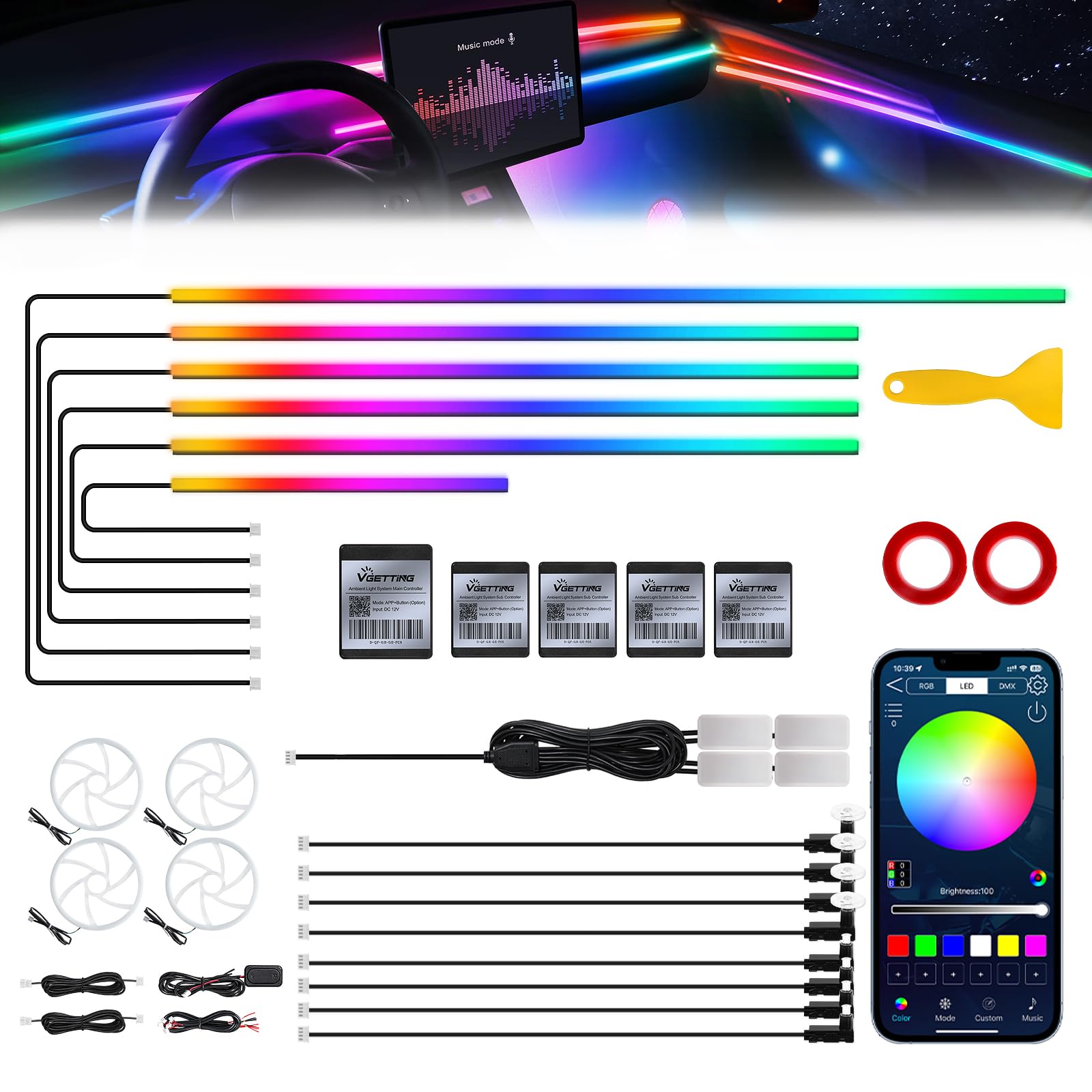 Photo 1 of Dreamcolor Acrylic Interior Car LED Strip Light with Wireless APP, Dual Zone RGB 22 in 1 with 175 inches 600 LEDs Fiber Optic Ambient Lighting Kits, Music Sync Neon LED Strip for Car Accessories