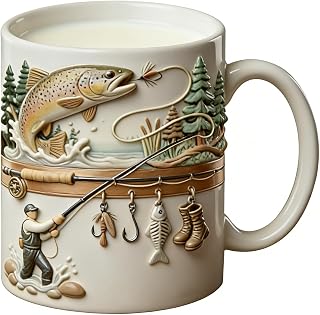 Fly Fishing Coffee Mug - Ceramic for Anglers, 12 Oz - Funny Gift for Fishermen, Camping, Office & Home Use - Microwave and Dishwasher Safe